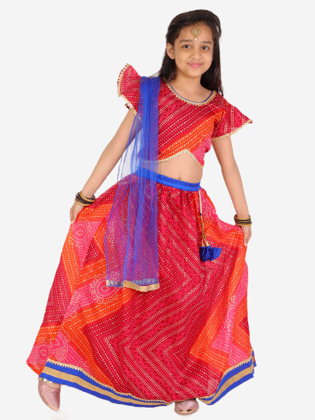 Girl's Bhandhani Print frill sleeves choli with lehenga and dupatta - KID1 Girls