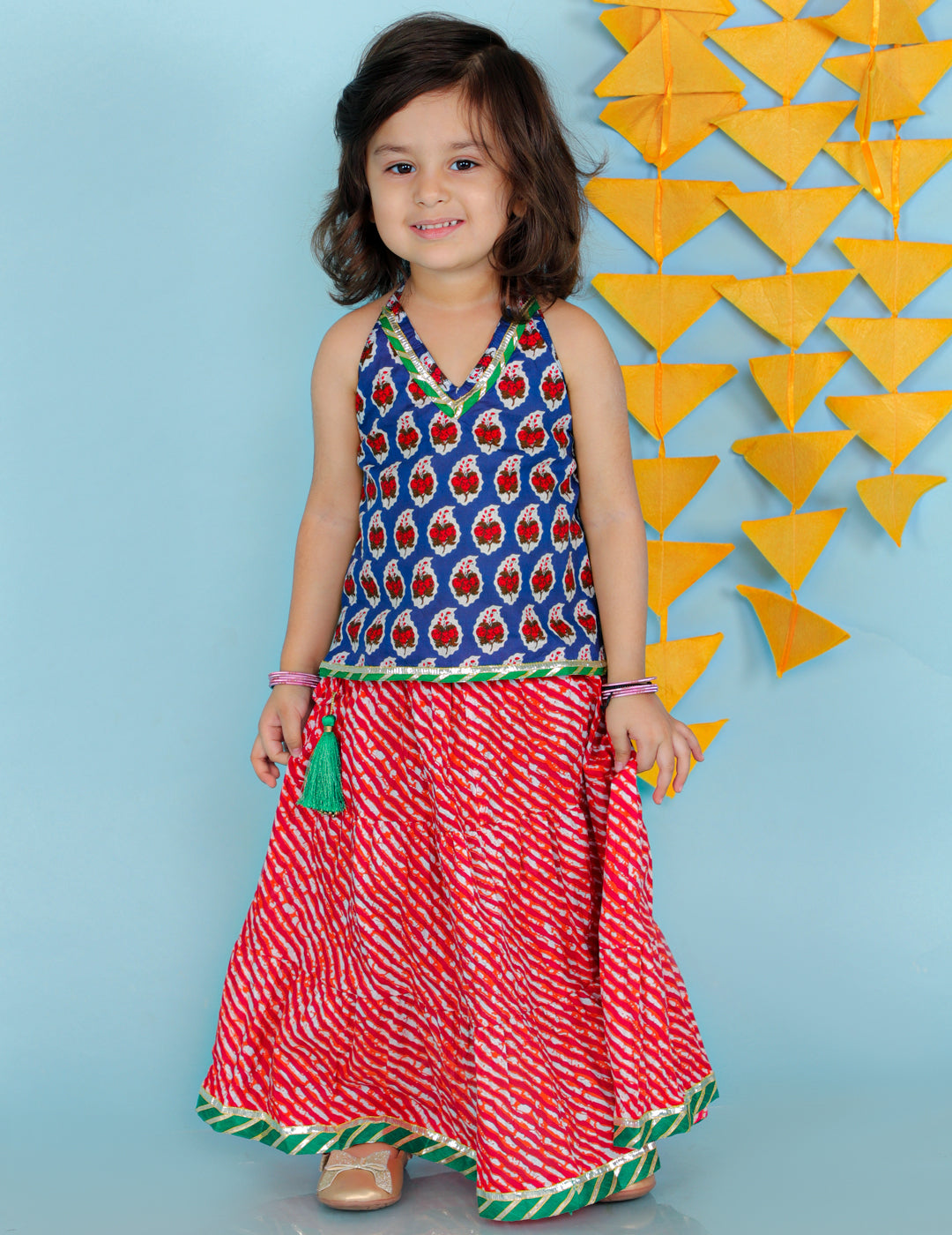Girl's Blue-Red Color Fusion Wear Top With Long Skirt Set - KID1 Girls