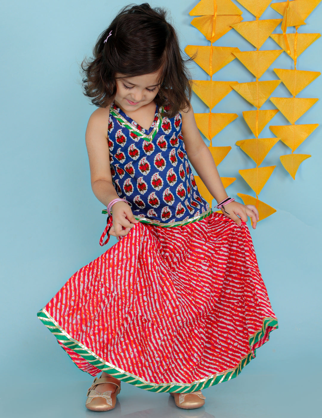 Girl's Blue-Red Color Fusion Wear Top With Long Skirt Set - KID1 Girls