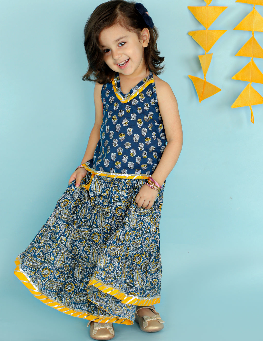 Girl's Blue Color Fusion Wear Top With Long Skirt Set - KID1 Girls