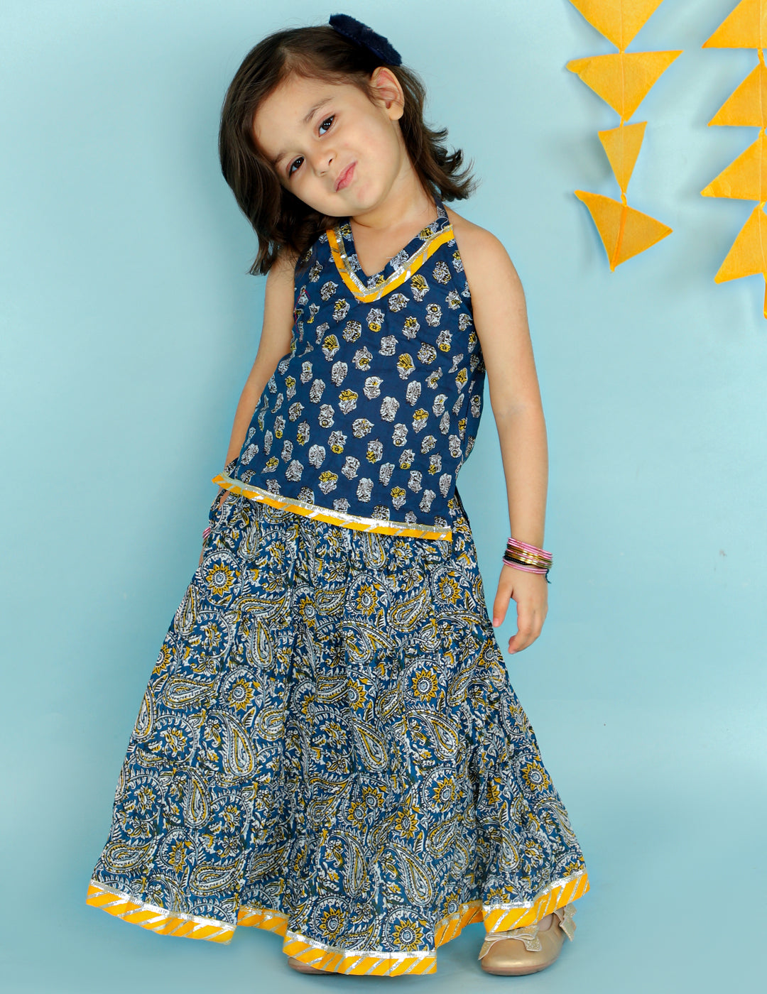 Girl's Blue Color Fusion Wear Top With Long Skirt Set - KID1 Girls