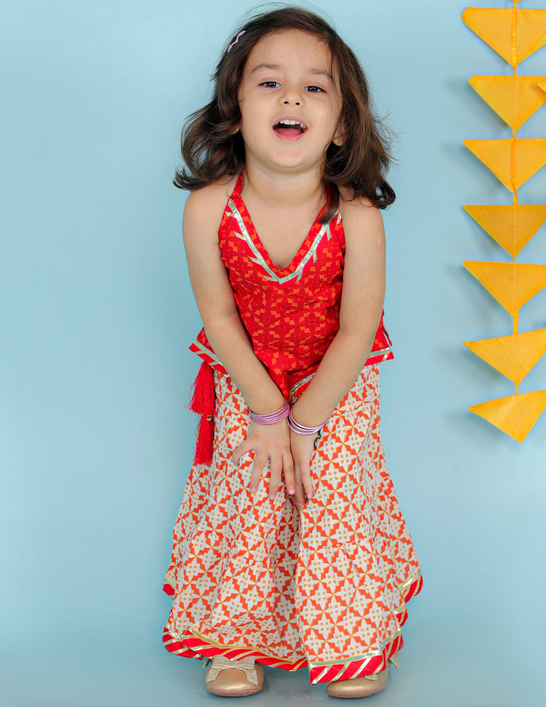 Girl's Red Color Fusion Wear Top With Long Skirt Set - KID1 Girls