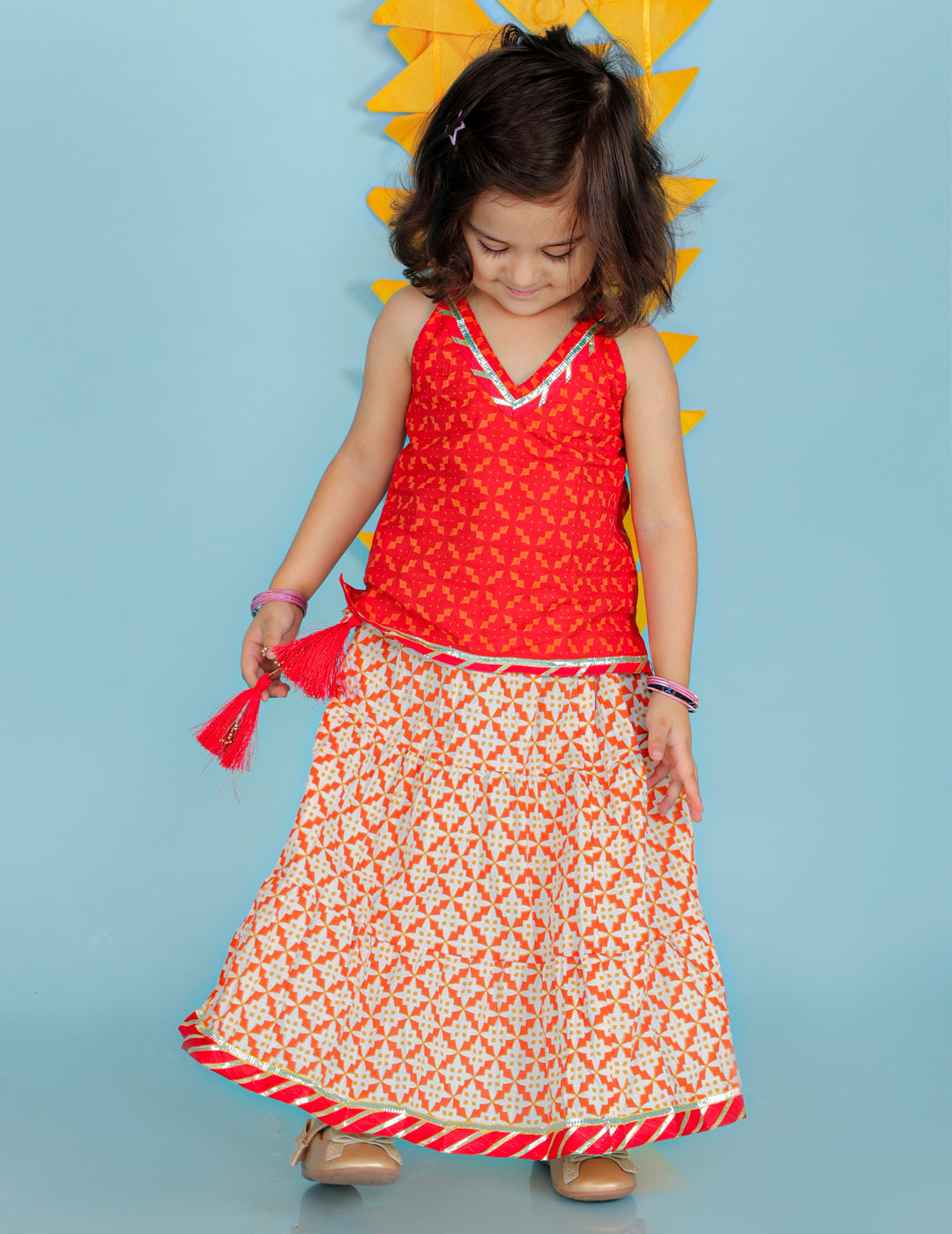 Girl's Red Color Fusion Wear Top With Long Skirt Set - KID1 Girls