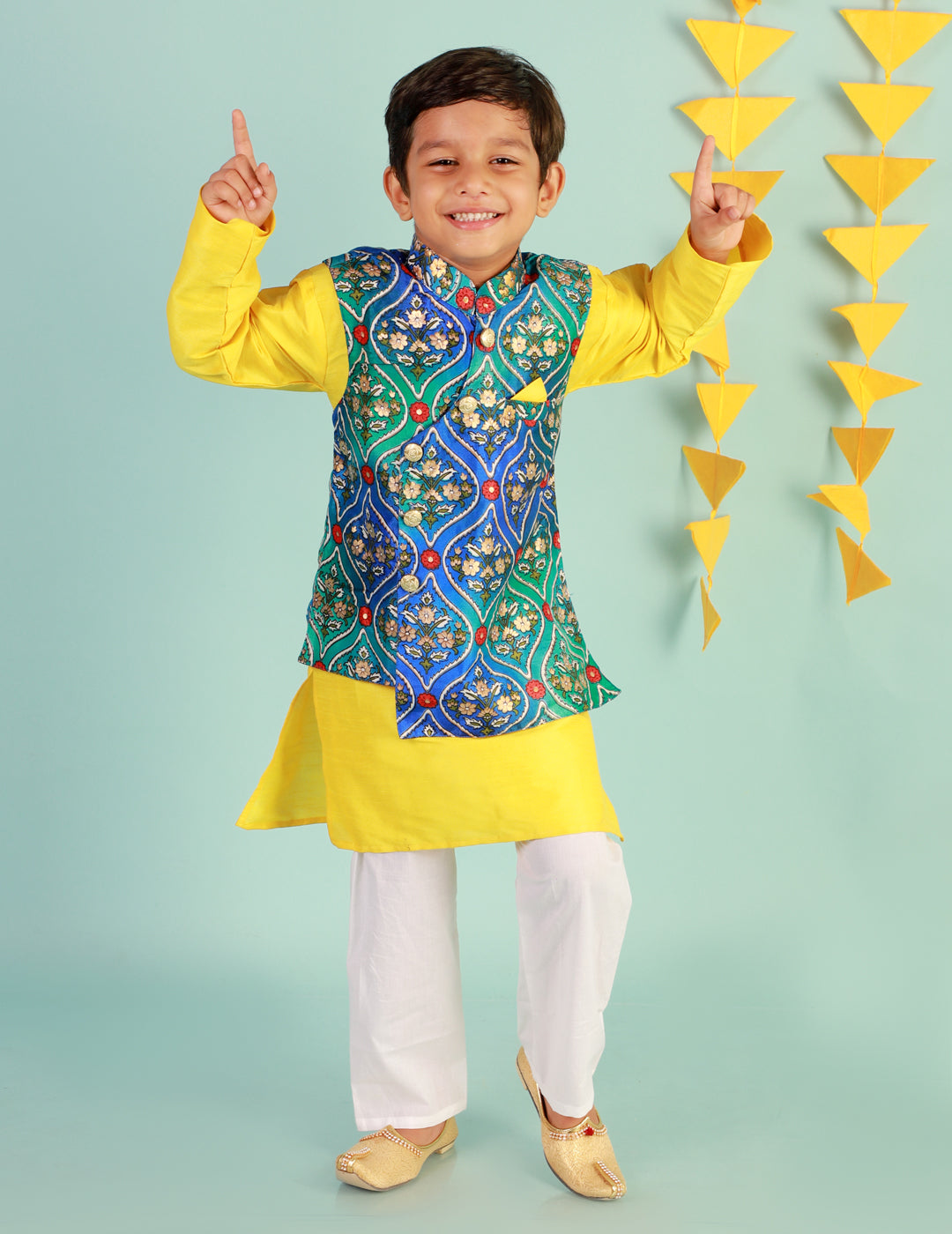 Boy's Festive Kurta Pyjama With Digi Print Jacket - Blue/Yellow - Kid1 Boys