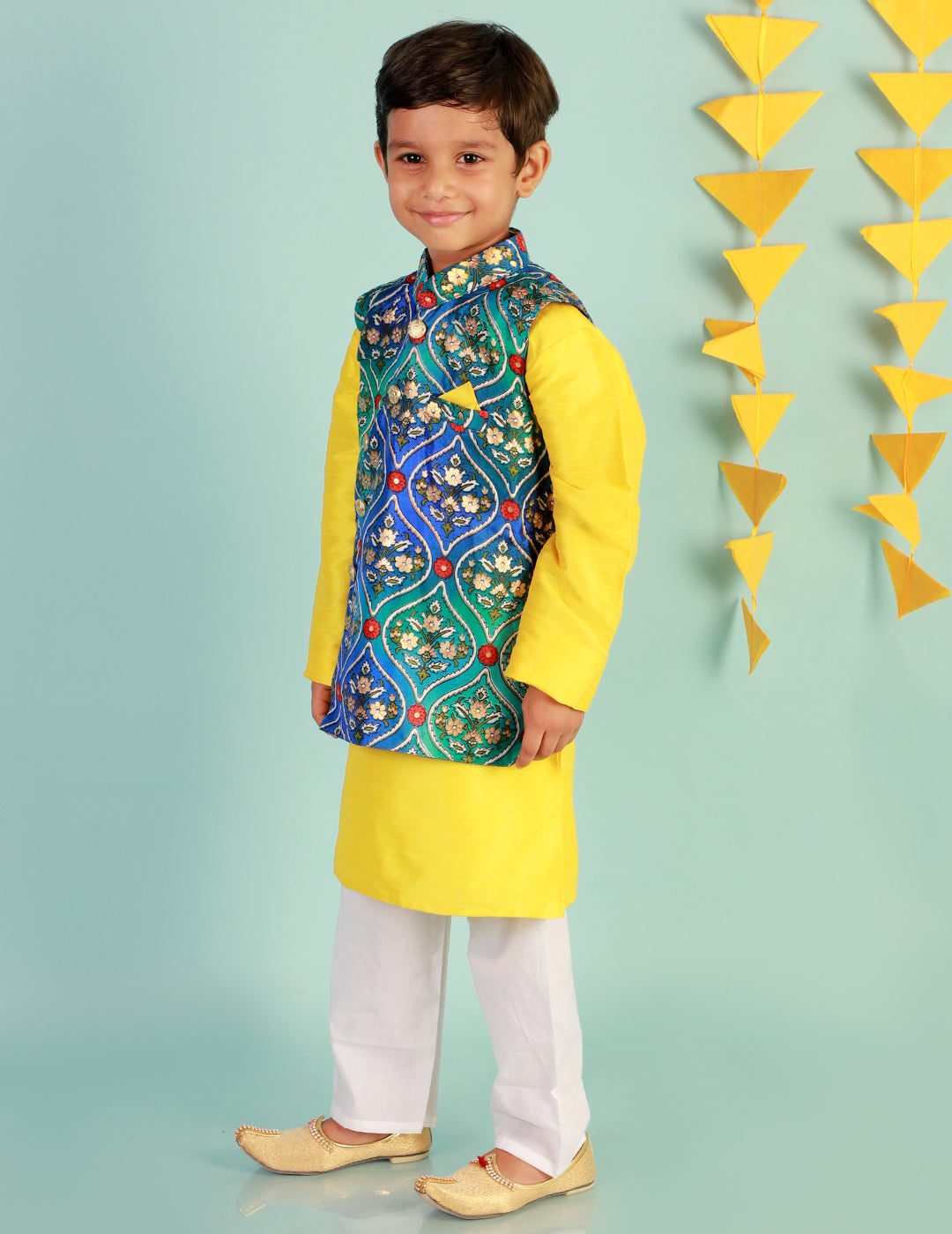 Boy's Festive Kurta Pyjama With Digi Print Jacket - Blue/Yellow - Kid1 Boys