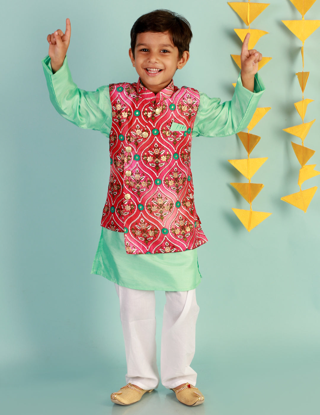 Boy's Festive Kurta Pyjama With Digi Print Jacket - Pink/Green - Kid1 Boys