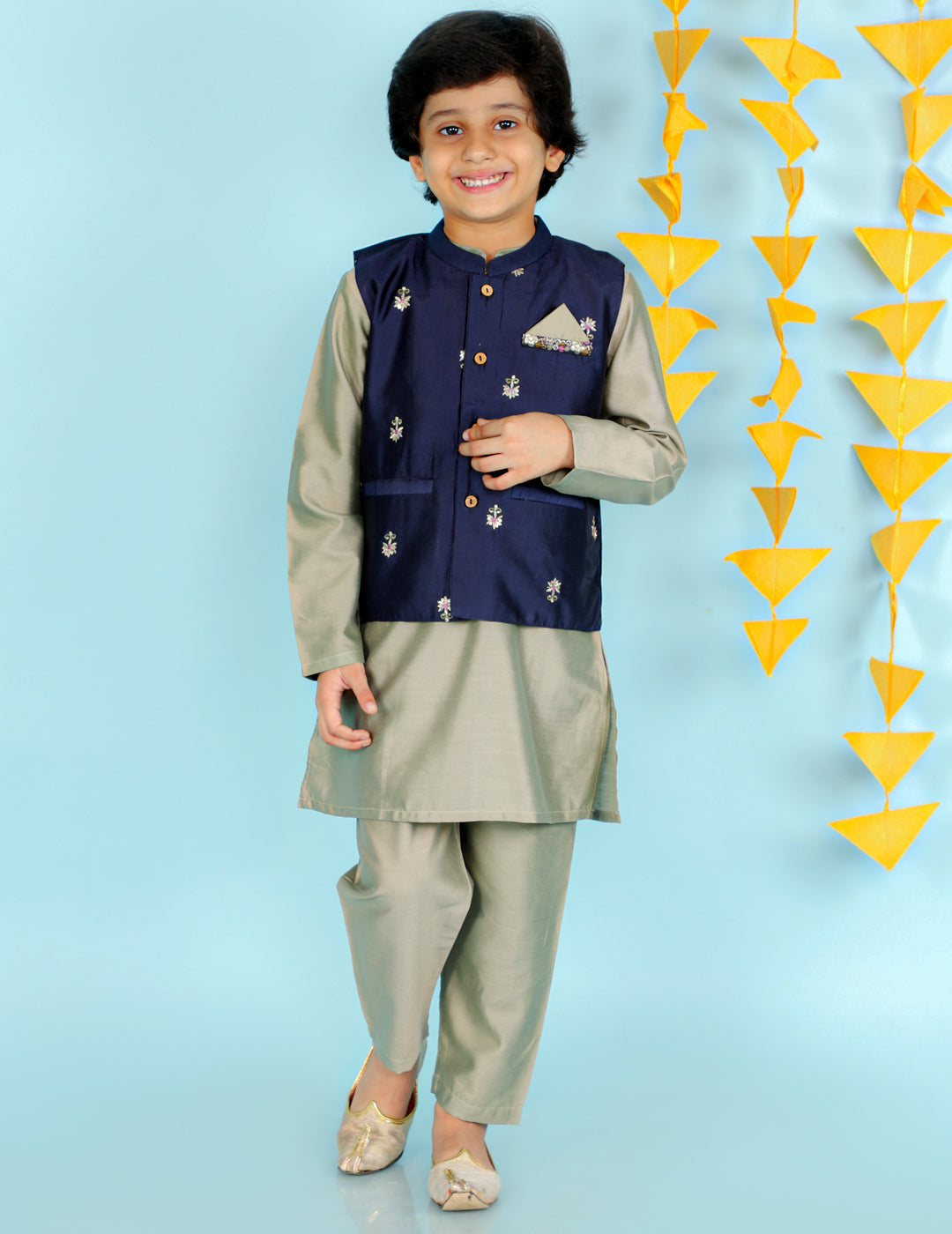 Boy's  Blue-Grey Color Embroidered Festive Jacket Kurta Pajama - KID1 Boys