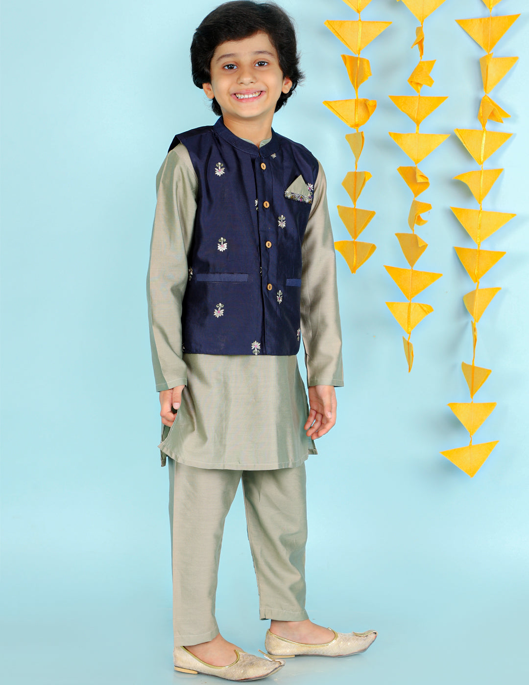 Boy's  Blue-Grey Color Embroidered Festive Jacket Kurta Pajama - KID1 Boys