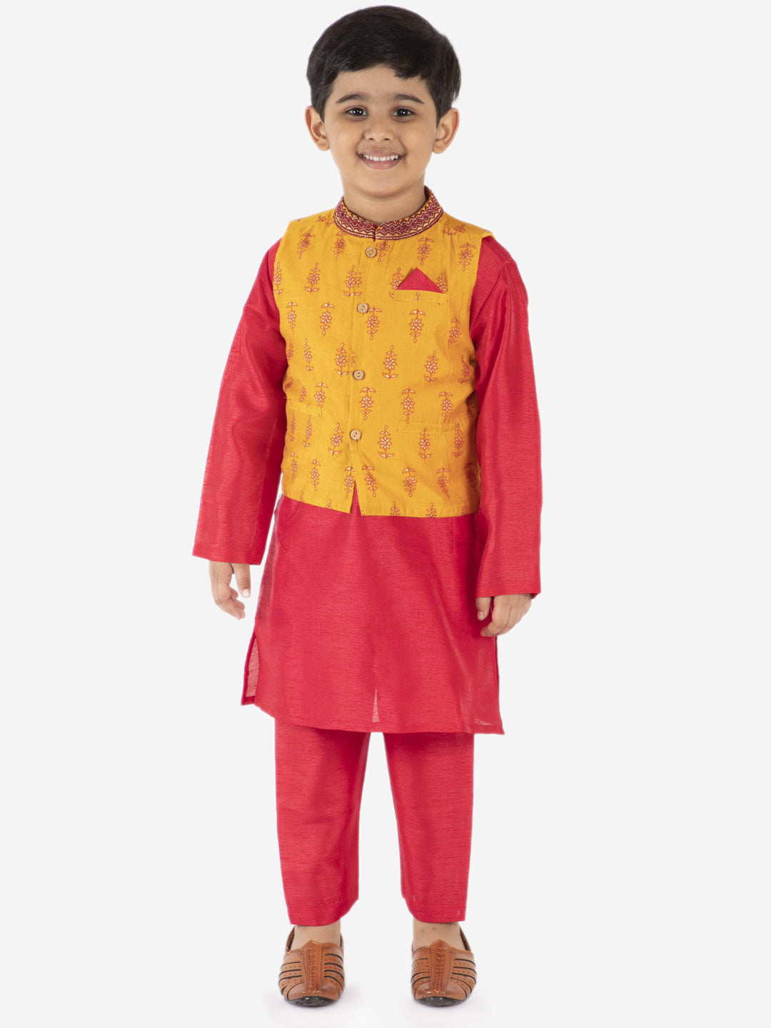 Boy's  Yellow-Red Color Sequin Embroidered Jacket With Kurta Pajama - KID1 Boys