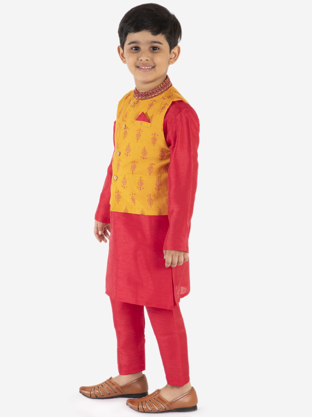 Boy's  Yellow-Red Color Sequin Embroidered Jacket With Kurta Pajama - KID1 Boys