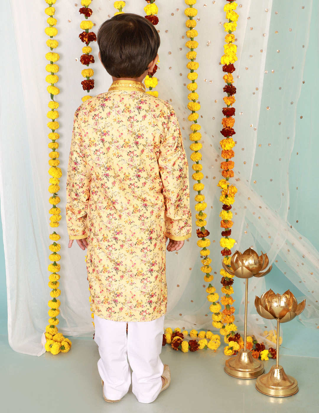 Boy's  Yellow Color Floral Print Embroidered Neck Kurta Pajama - KID1 Boys