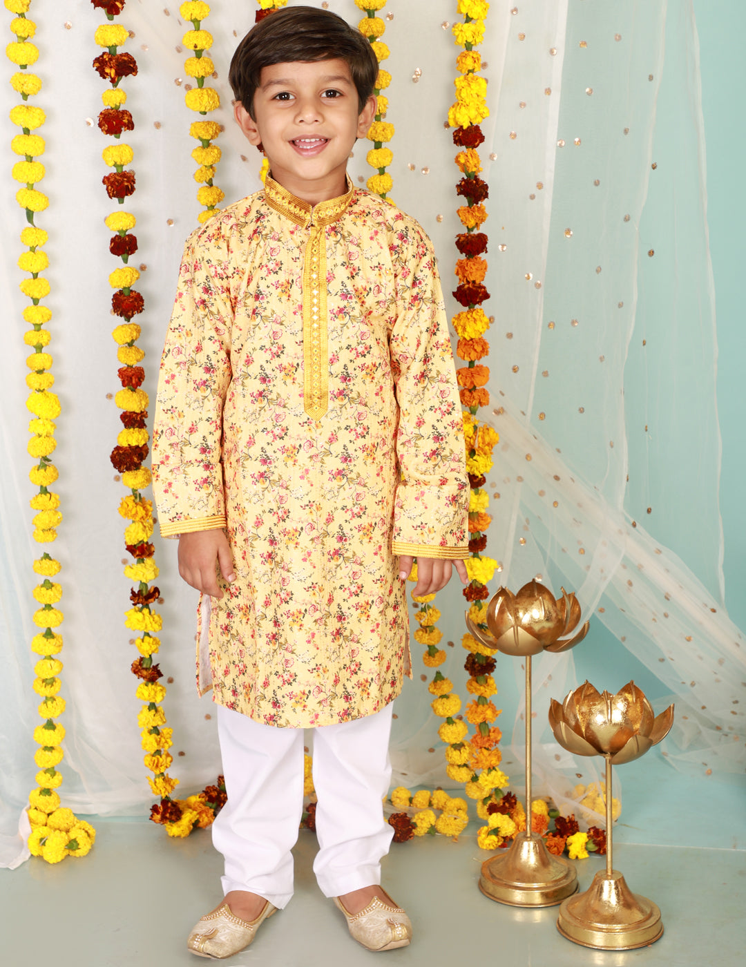 Boy's  Yellow Color Floral Print Embroidered Neck Kurta Pajama - KID1 Boys