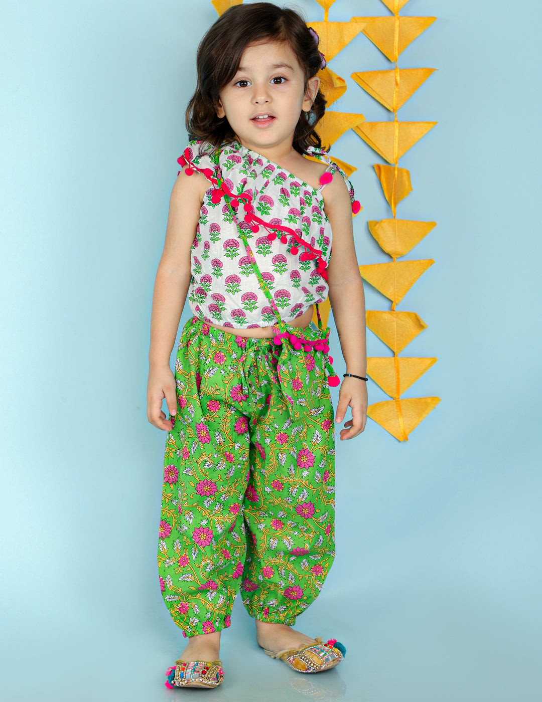 Girl's White/Green Color Sassy Frill Top With Harem Pants And Bag - KID1 Girls