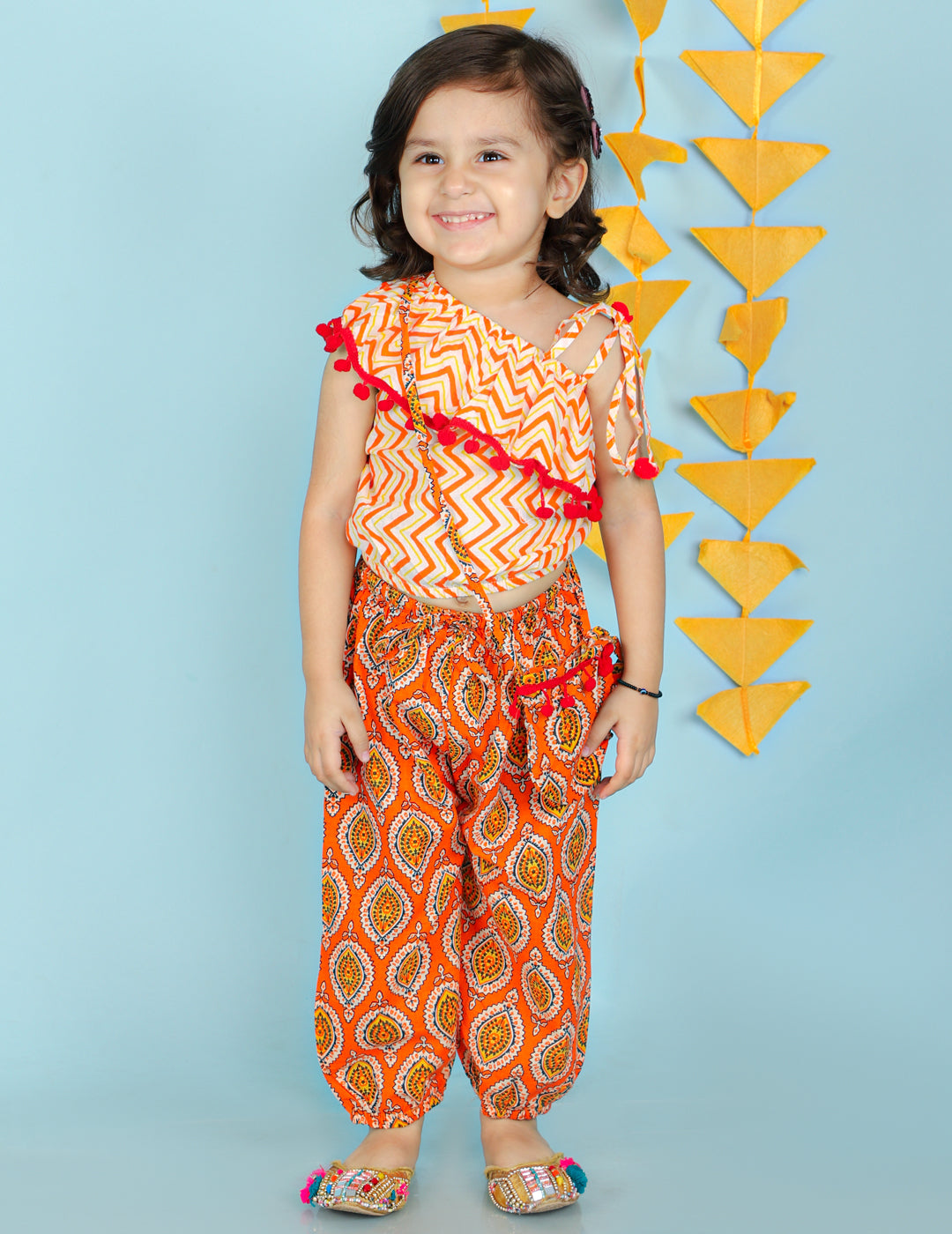 Girl's White/Orange Color Sassy Frill Top With Harem Pants And Bag - KID1 Girls
