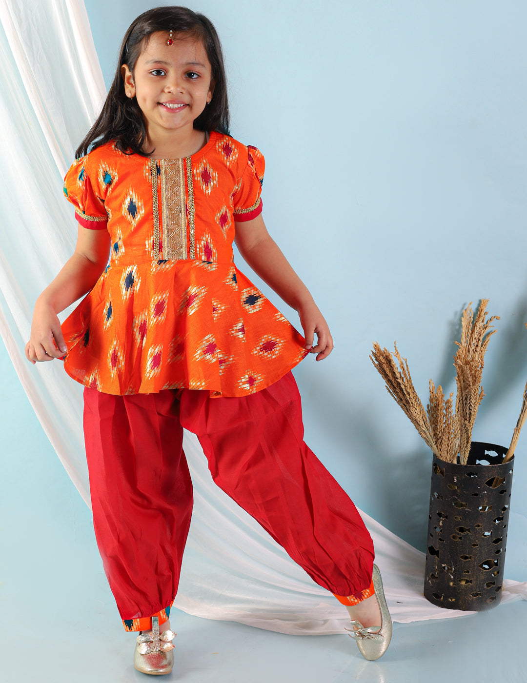 Girl's Orange Color Ikat Peplum With Afghani Salwar  - KID1 Girls