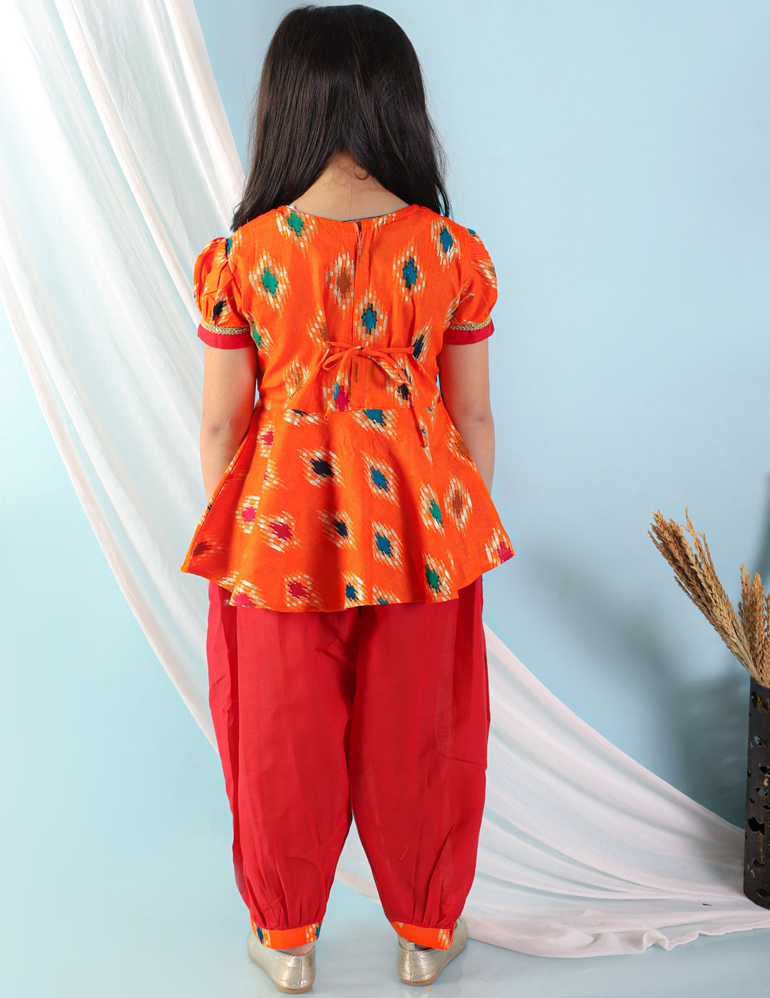Girl's Orange Color Ikat Peplum With Afghani Salwar  - KID1 Girls