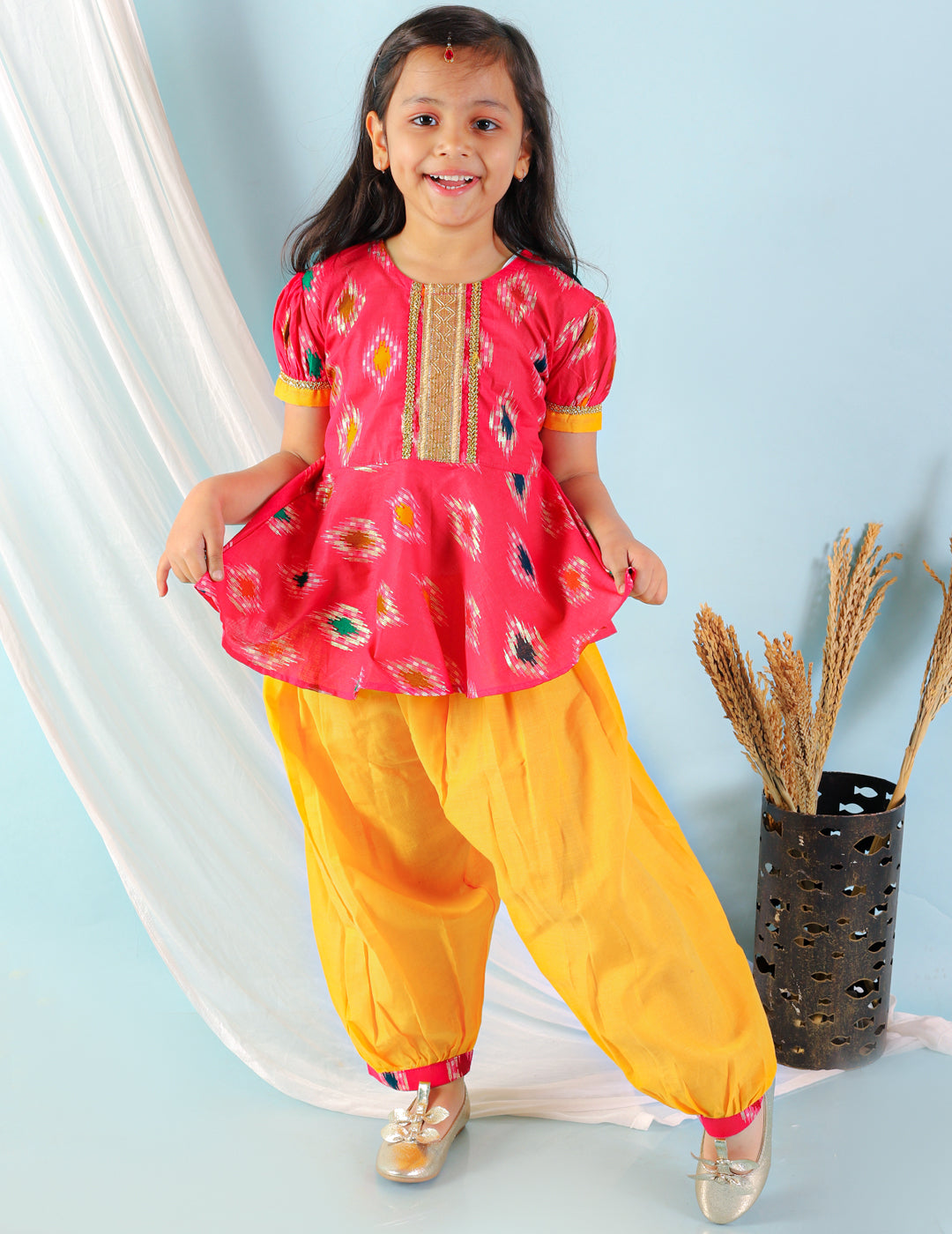Girl's Pink-Yellow Color Ikat Peplum With Afghani Salwar  - KID1 Girls