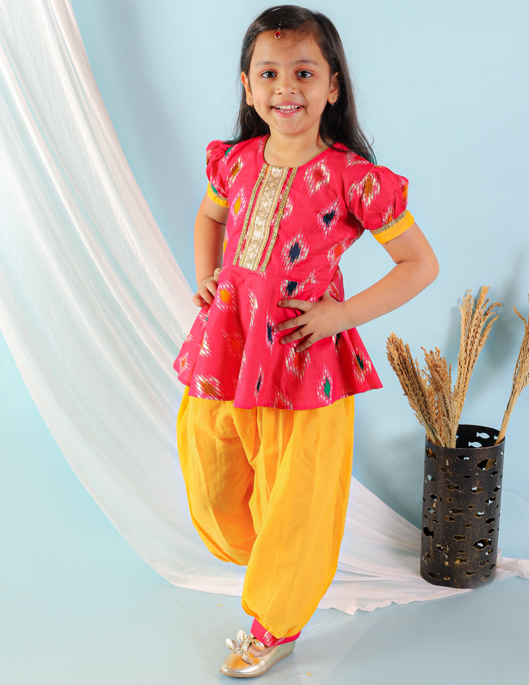 Girl's Pink-Yellow Color Ikat Peplum With Afghani Salwar  - KID1 Girls