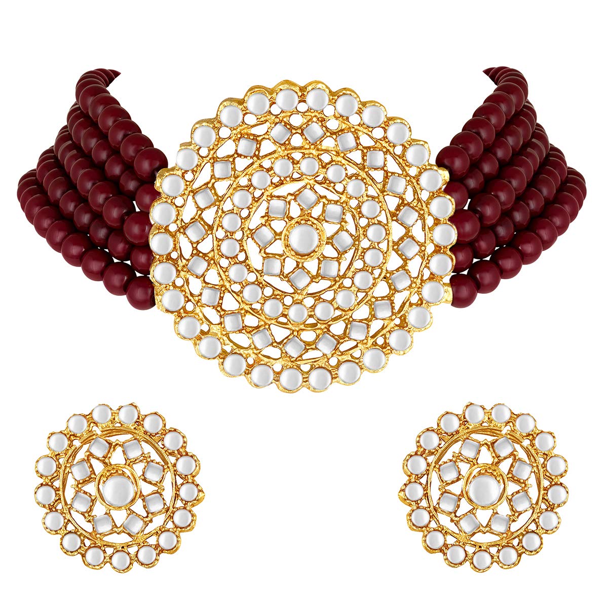 Women's 18k Gold Plated Maroon Pearl Beaded Choker Set with Stud Earrings for women - I Jewels