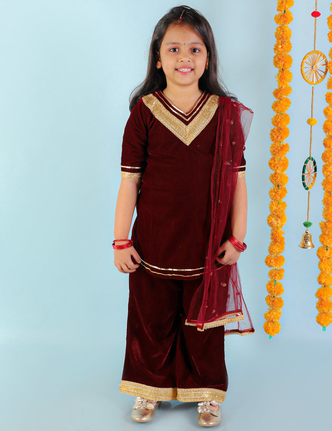 Girl's Maroon Color Velvet Sharara Set With Sequins Dupatta - KID1 Girls