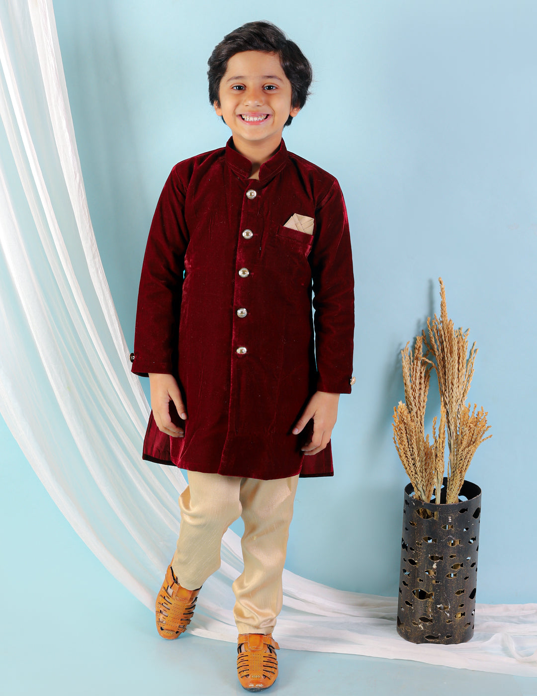 Boy's  Maroon Color Boys Velvet Sherwani With Gold Buttons - KID1 Boys