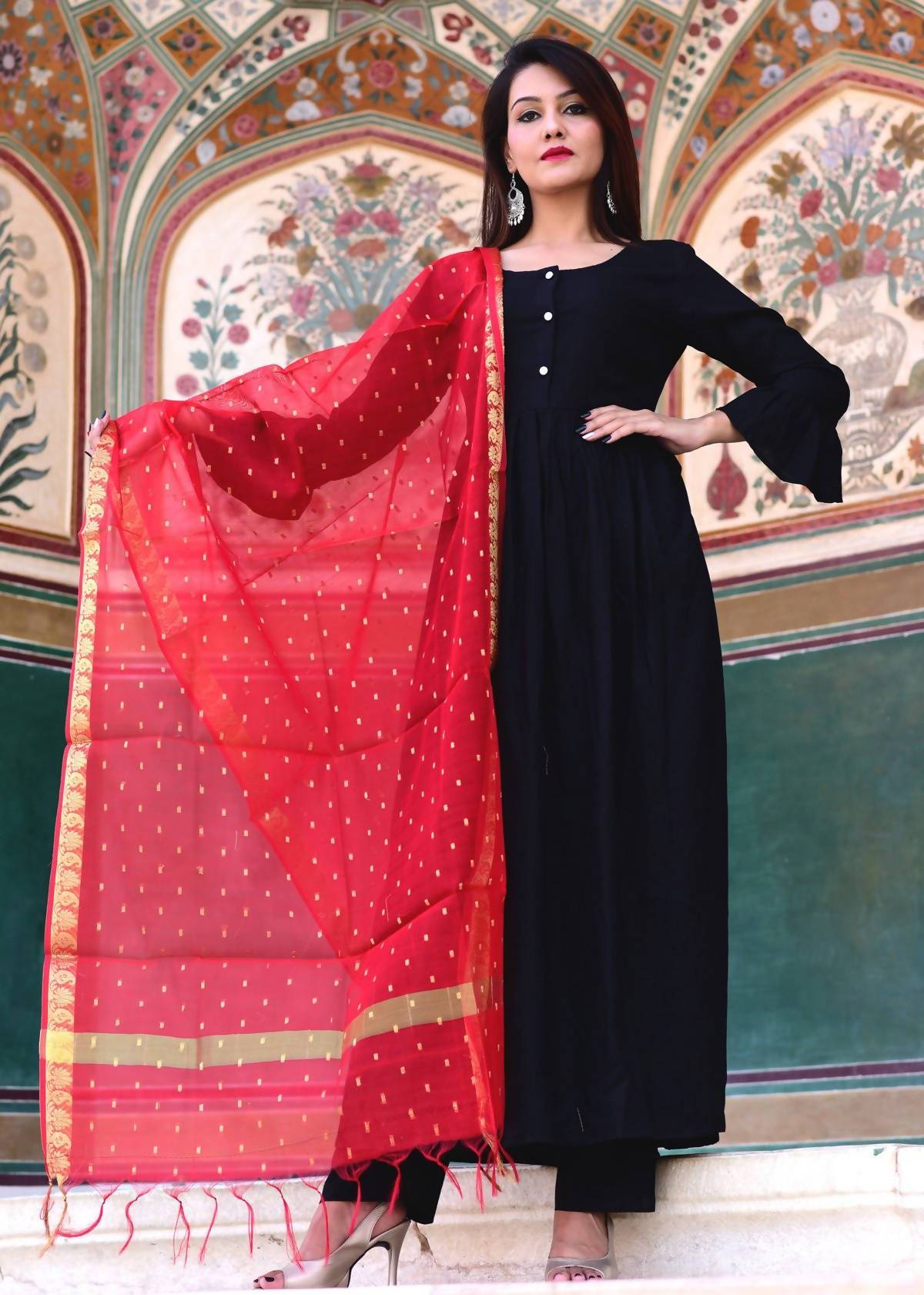 Women's Hot Black & Red Cotton Silk Gotta Suit Set - Cheera