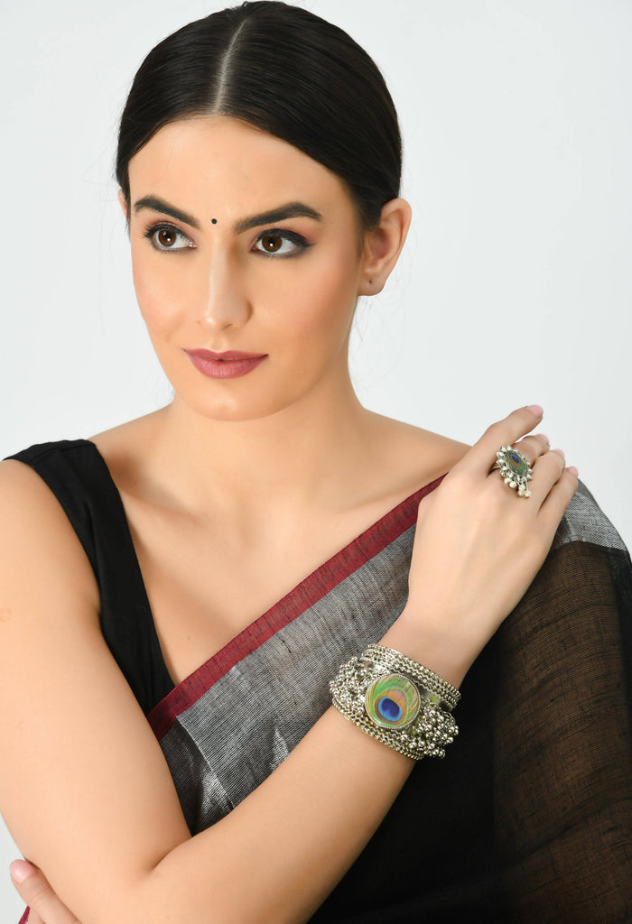 Johar Kamal Oxidised Silver-Plated Peacock Design Bracelet and Ring