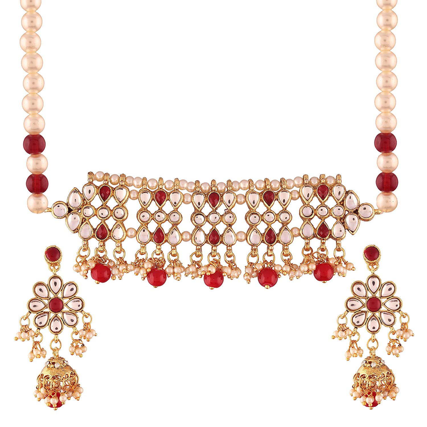 Women's Gold Plated Red Kundan & Pearl Studded Choker Necklace Set with Earring - i jewels