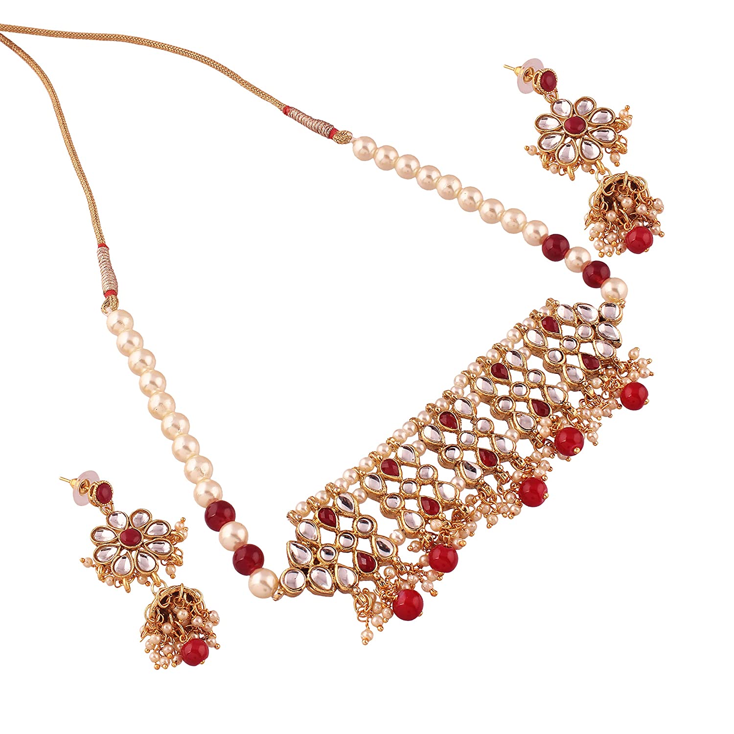 Women's Gold Plated Red Kundan & Pearl Studded Choker Necklace Set with Earring - i jewels