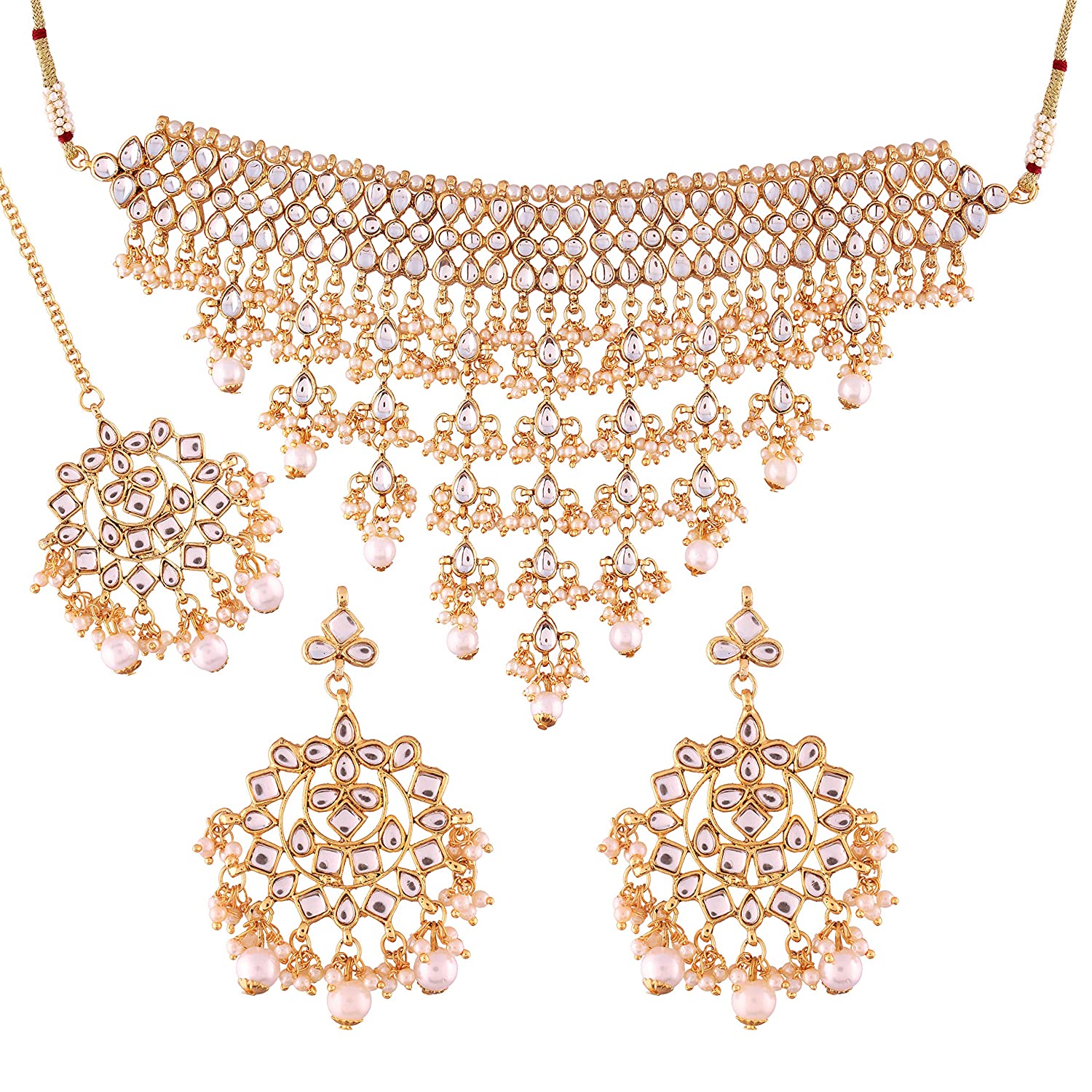 Women's Gold Plated White Kundan & Pearl Studded Choker Necklace Set with Earrings & Maang Tikka - i jewels
