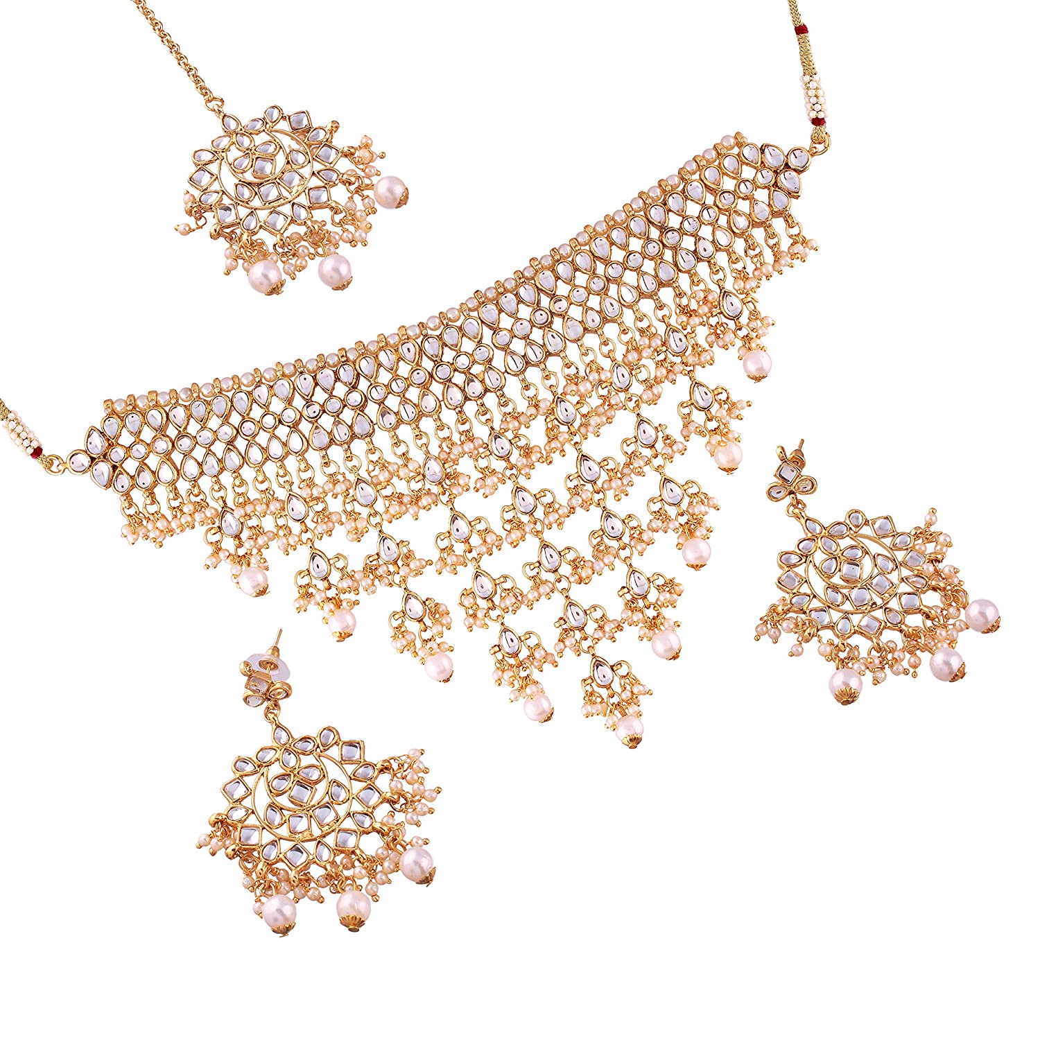 Women's Gold Plated White Kundan & Pearl Studded Choker Necklace Set with Earrings & Maang Tikka - i jewels