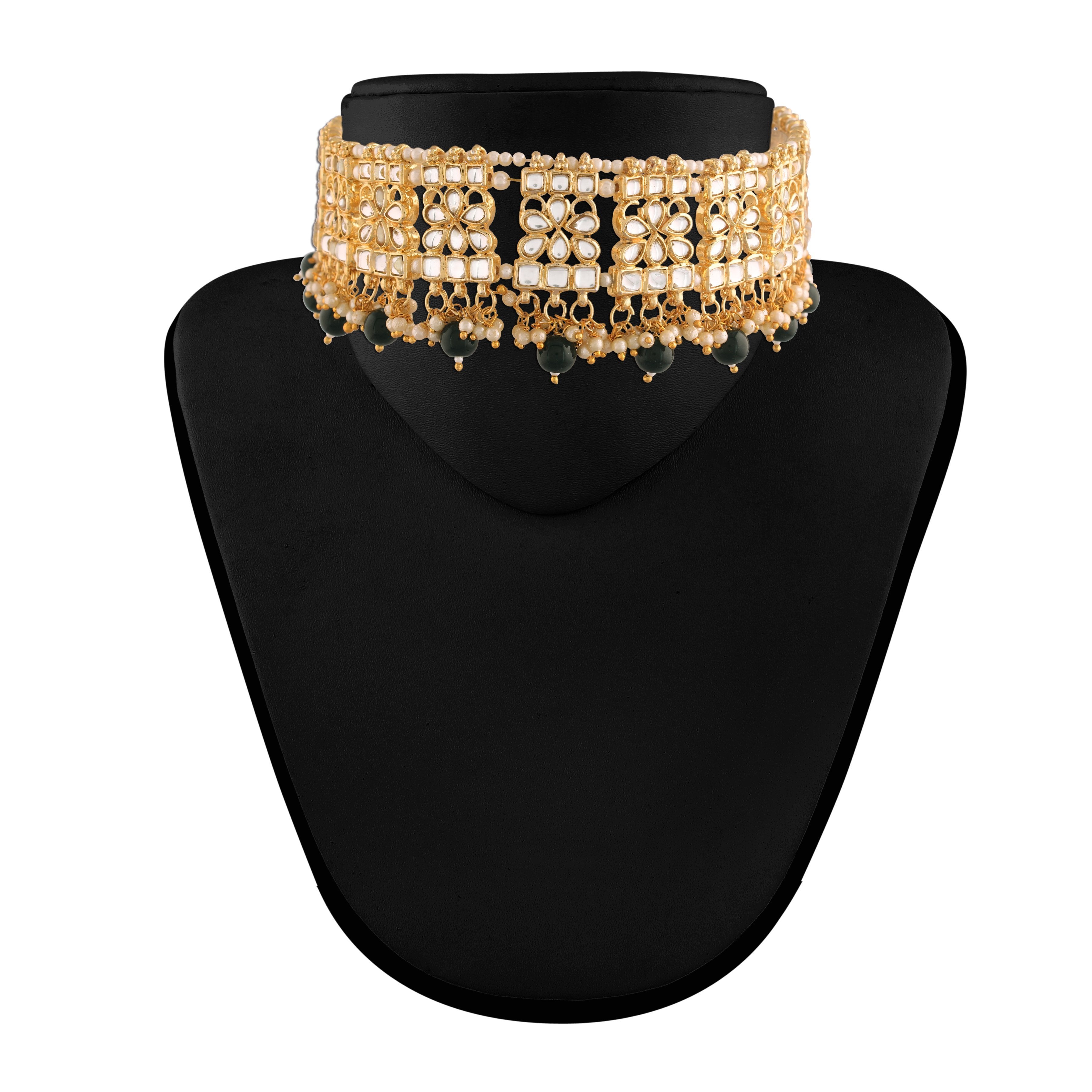 Women's Gold Plated Black Handcrafted Choker Necklace Set with Earrings & Maang Tikka - i jewels