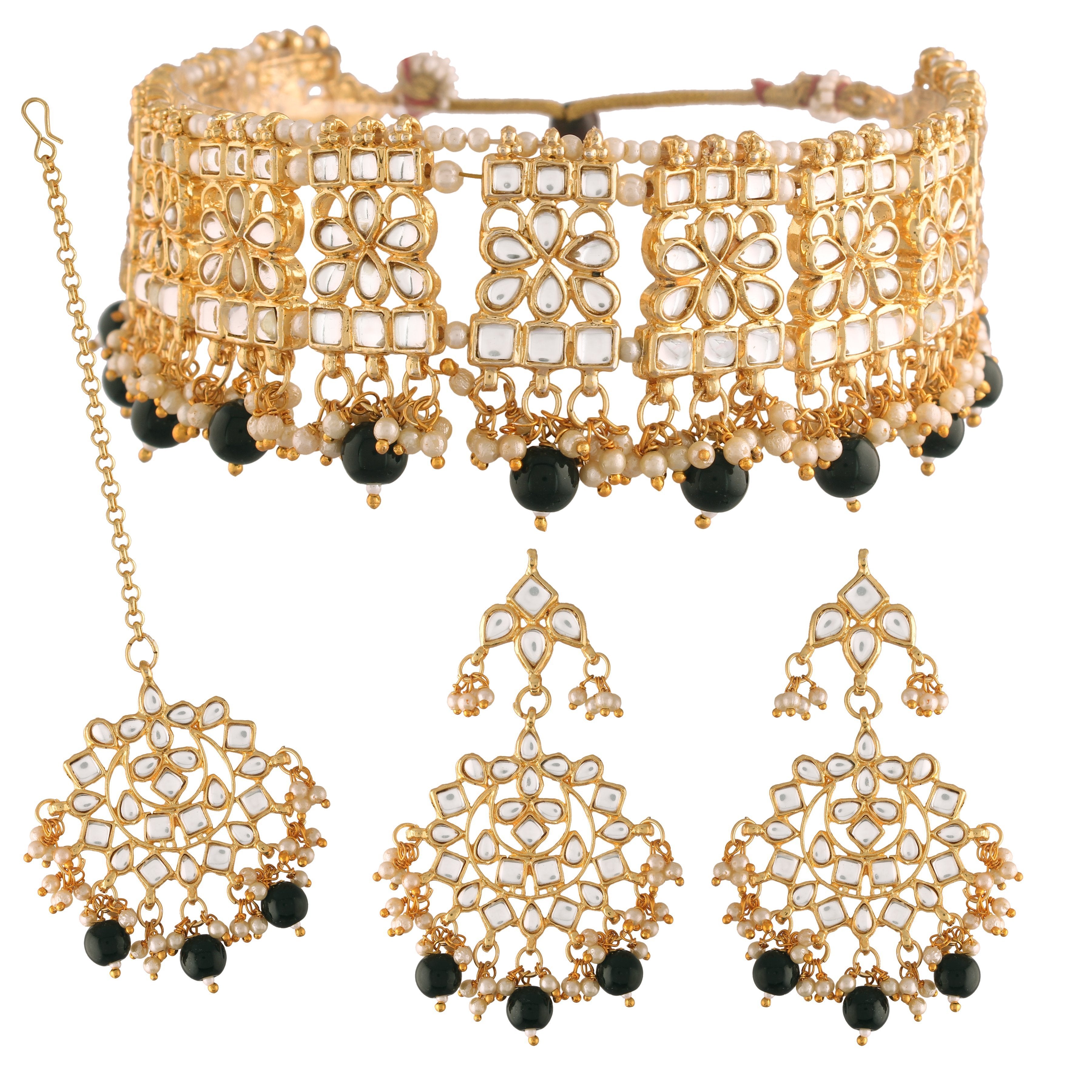 Women's Gold Plated Black Handcrafted Choker Necklace Set with Earrings & Maang Tikka - i jewels
