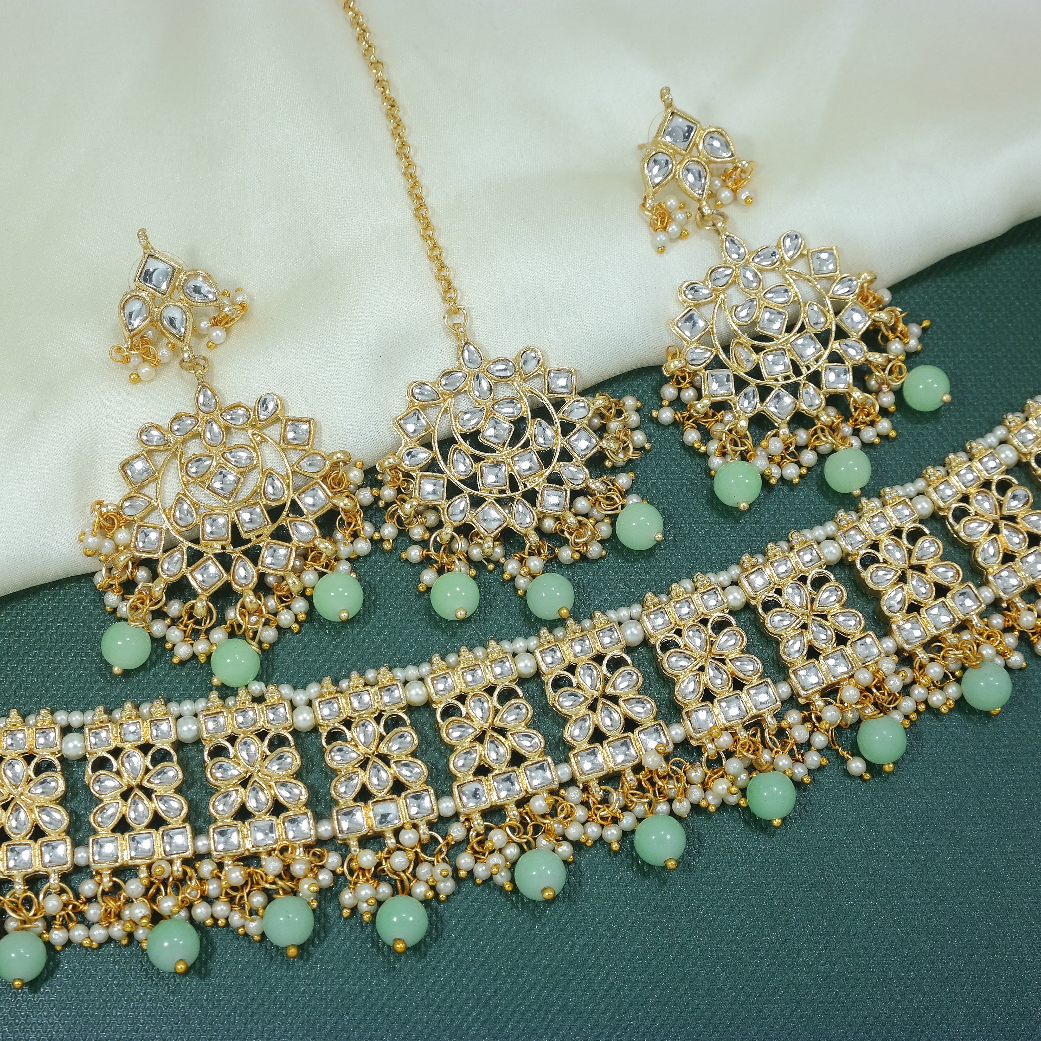 Women's Gold PlatedMint Kundan & Pearl Studded Choker Necklace Set with Earrings & Maang Tikka - i jewels