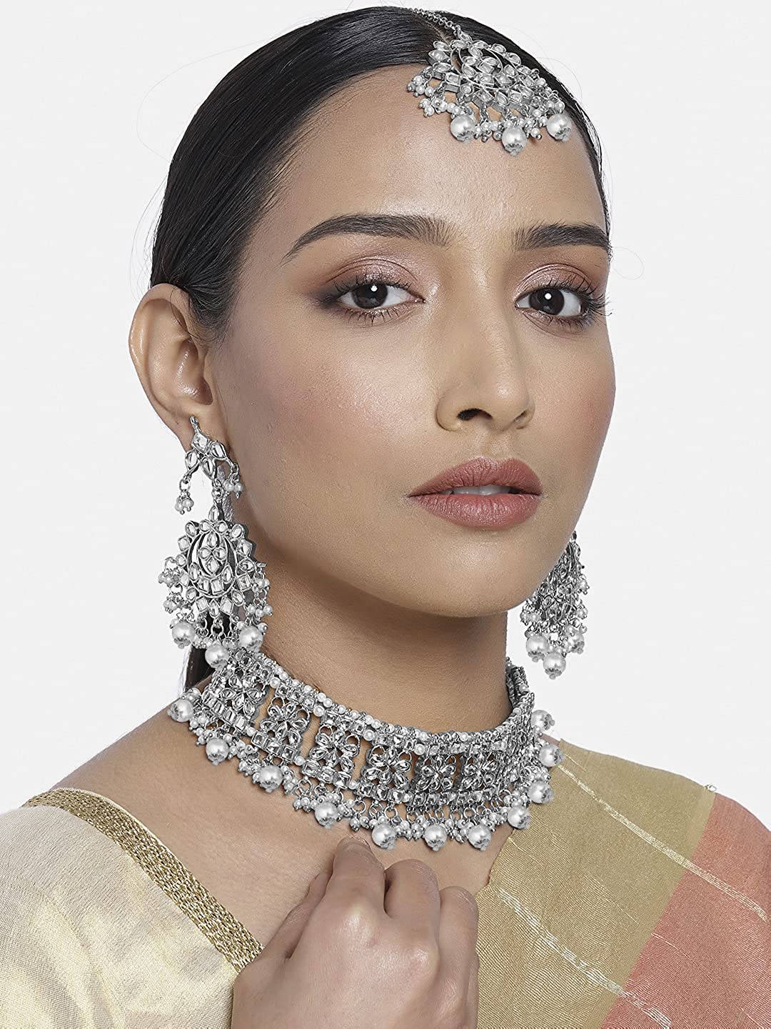 Women's Rhodium Plated Silver Kundan & Pearl Studded Choker Necklace Jewellery Set with Earrings & Maang Tikka - i jewels