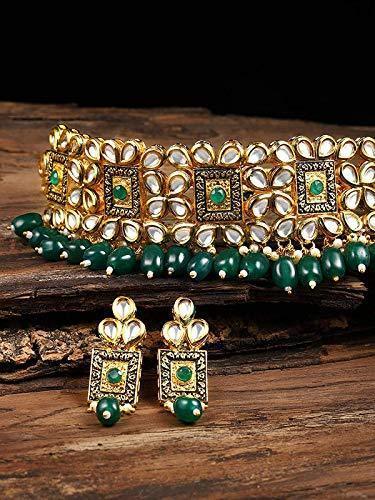Women's Gold Plated Green Handcrafted Choker Necklace Jewellery Set - i jewels