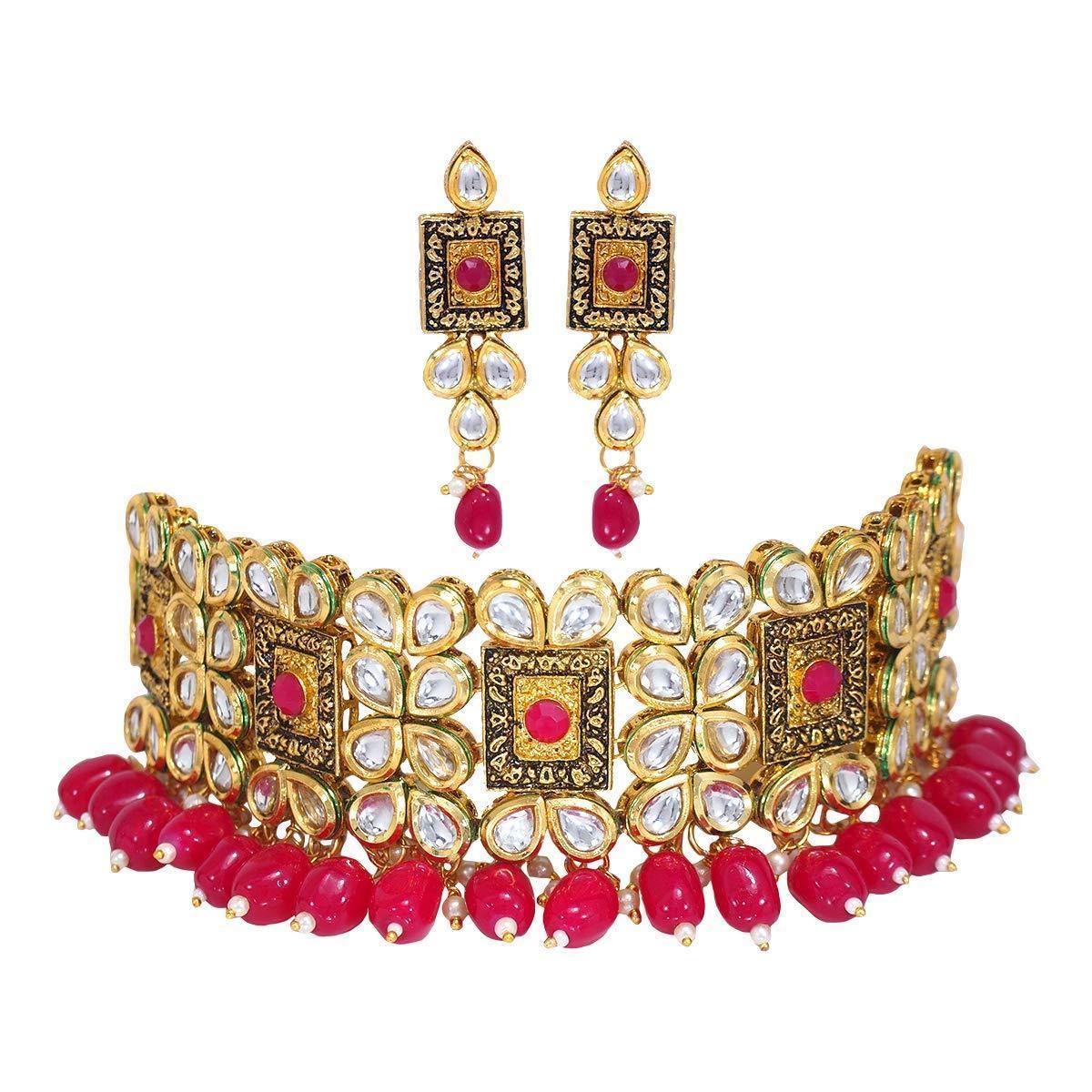 Women's Gold Plated Dark Pink Handcrafted Choker Necklace Set - i jewels