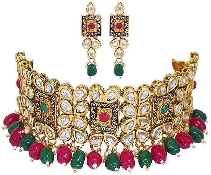 Women's Gold Plated Multi Color Handcrafted Choker Necklace Set - i jewels