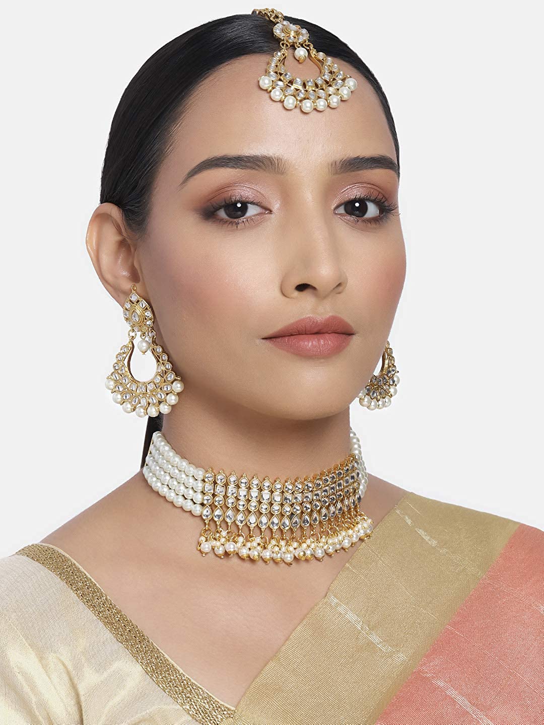Women's Gold-Plated Studded White Kundan & Pearl Studded Choker Necklace Set - i jewels