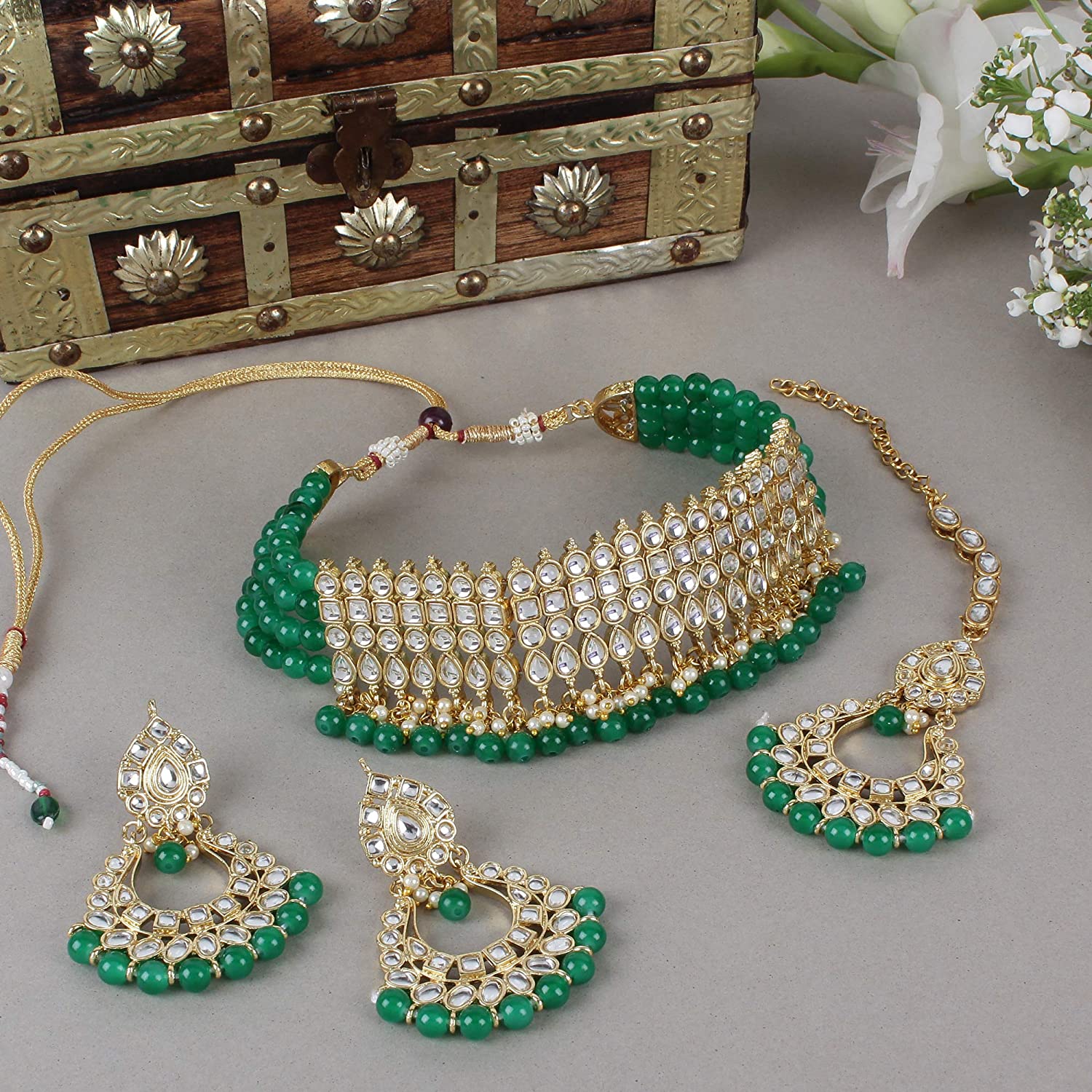 Women's Gold-Plated Green Kundan & Pearl Studded Choker Necklace Set - i jewels