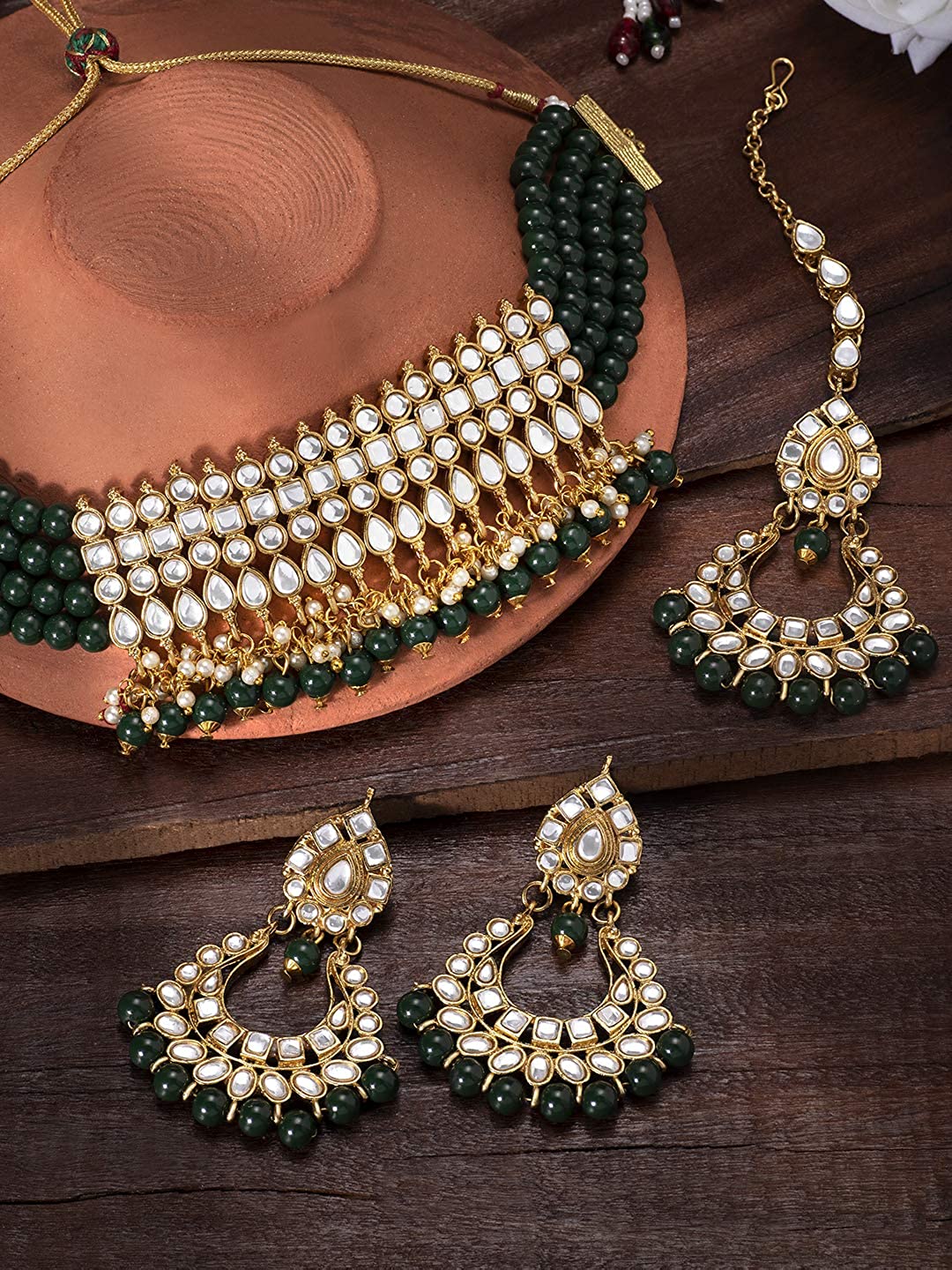 Women's Gold-Plated Green Kundan & Pearl Studded Choker Necklace Set - i jewels