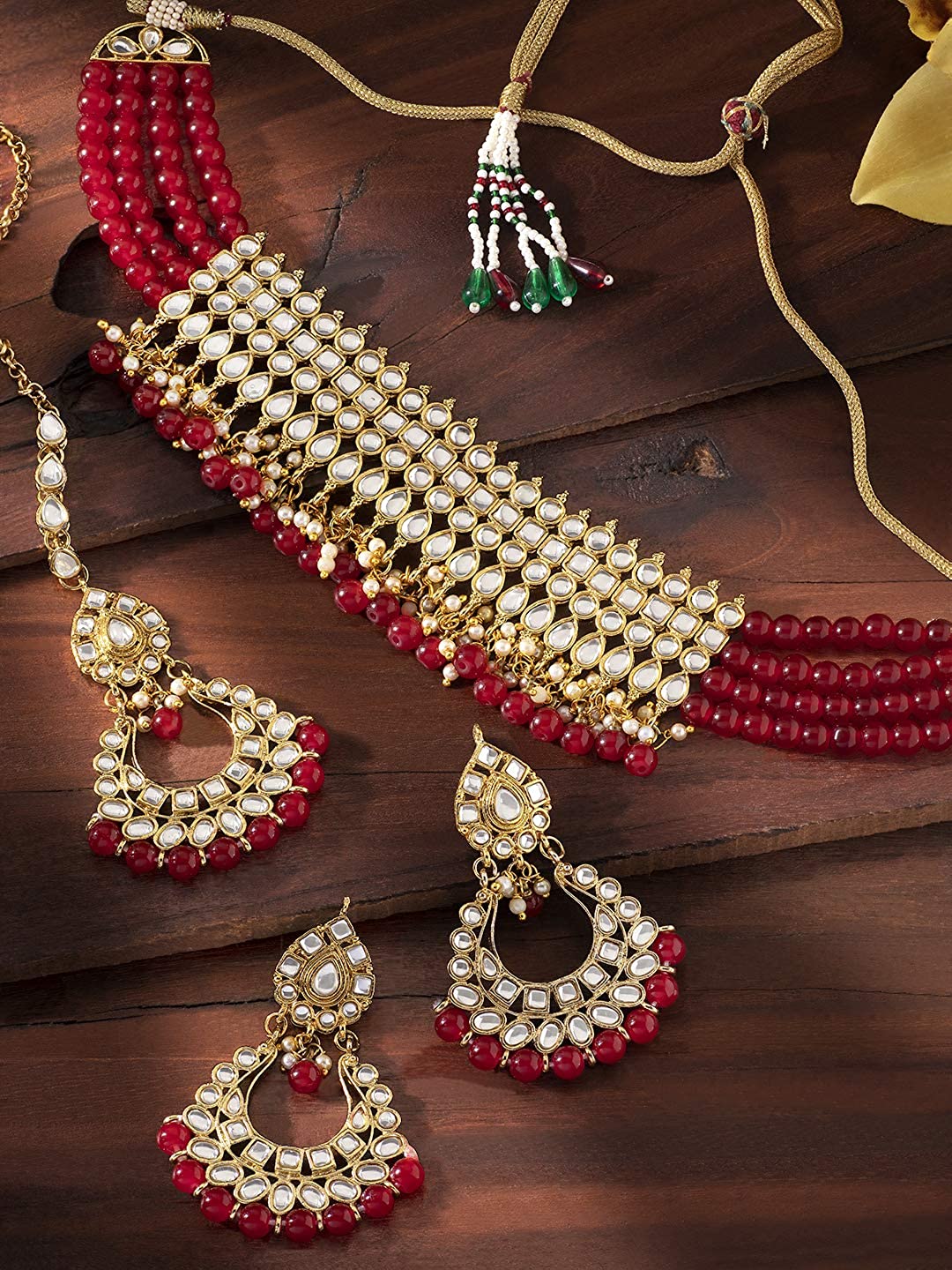 Women's Gold-Plated Red Kundan & Pearl Studded Choker Necklace Set - i jewels