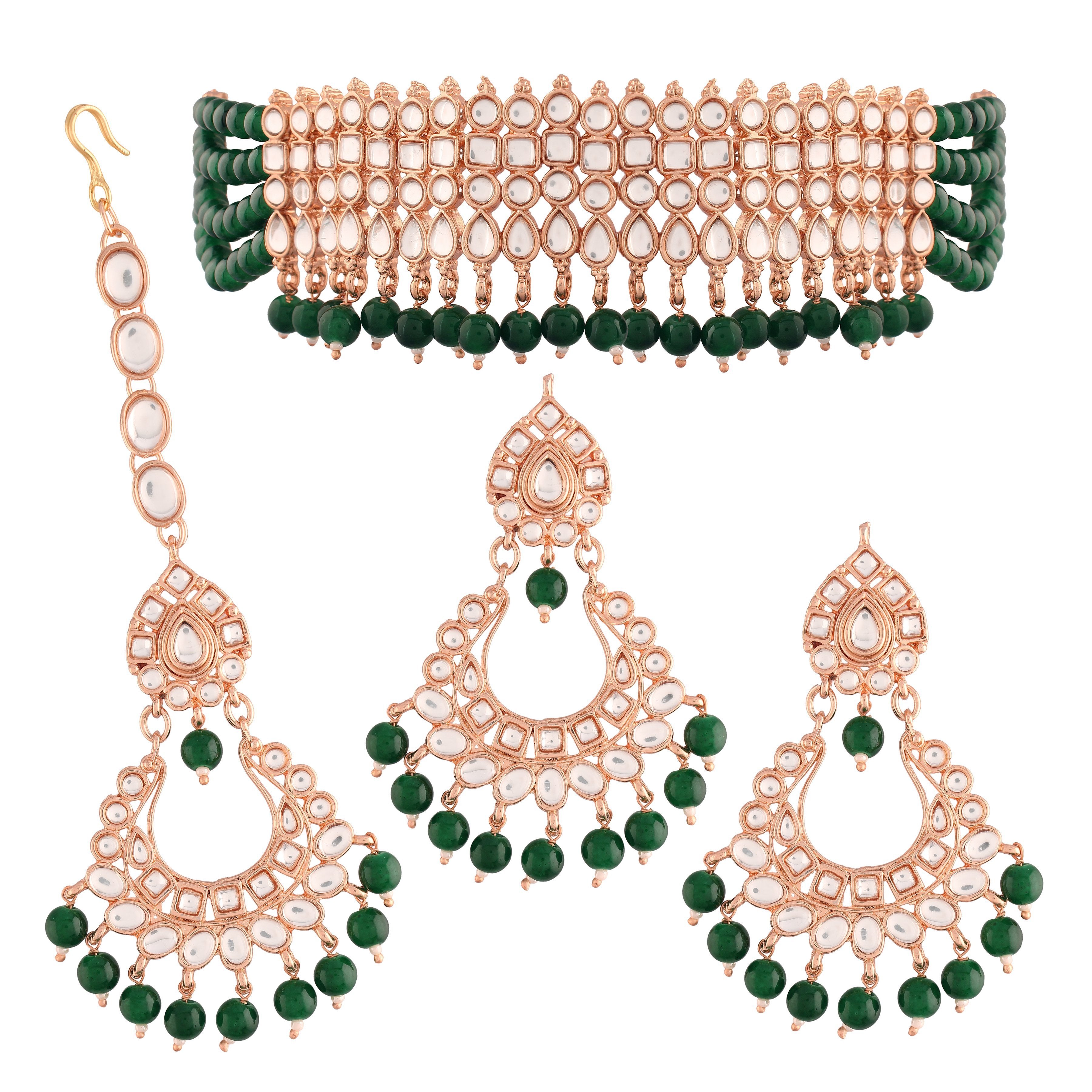 Women's Rose Gold Plated Ethnic Traditional Kundan & Pearl Choker Necklace Set - i jewels