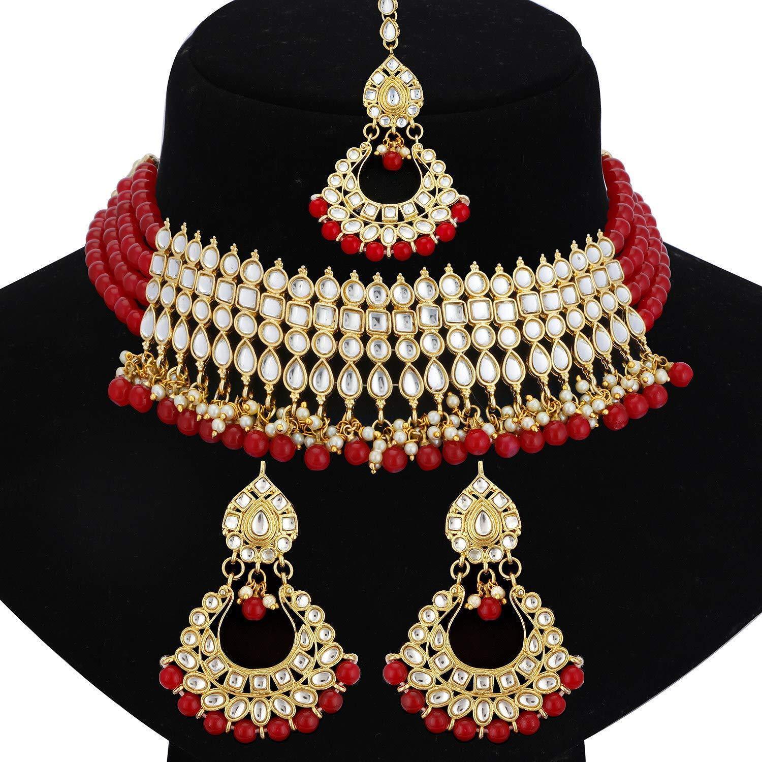 Women's Gold-Plated Red Kundan & Pearl Studded Choker Necklace Set - i jewels