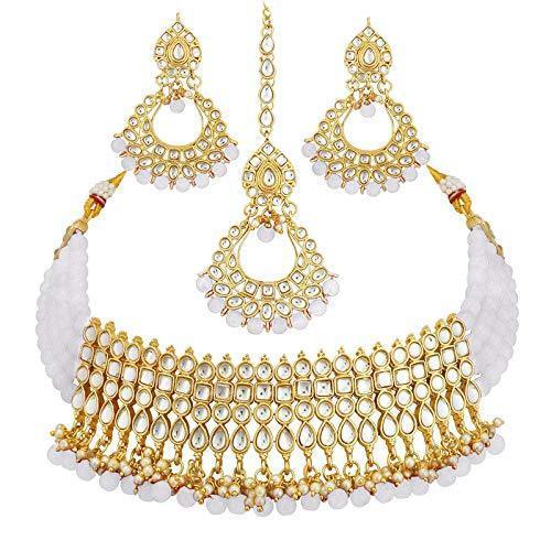 Women's Gold-Plated Studded White Kundan & Pearl Studded Choker Necklace Set - i jewels