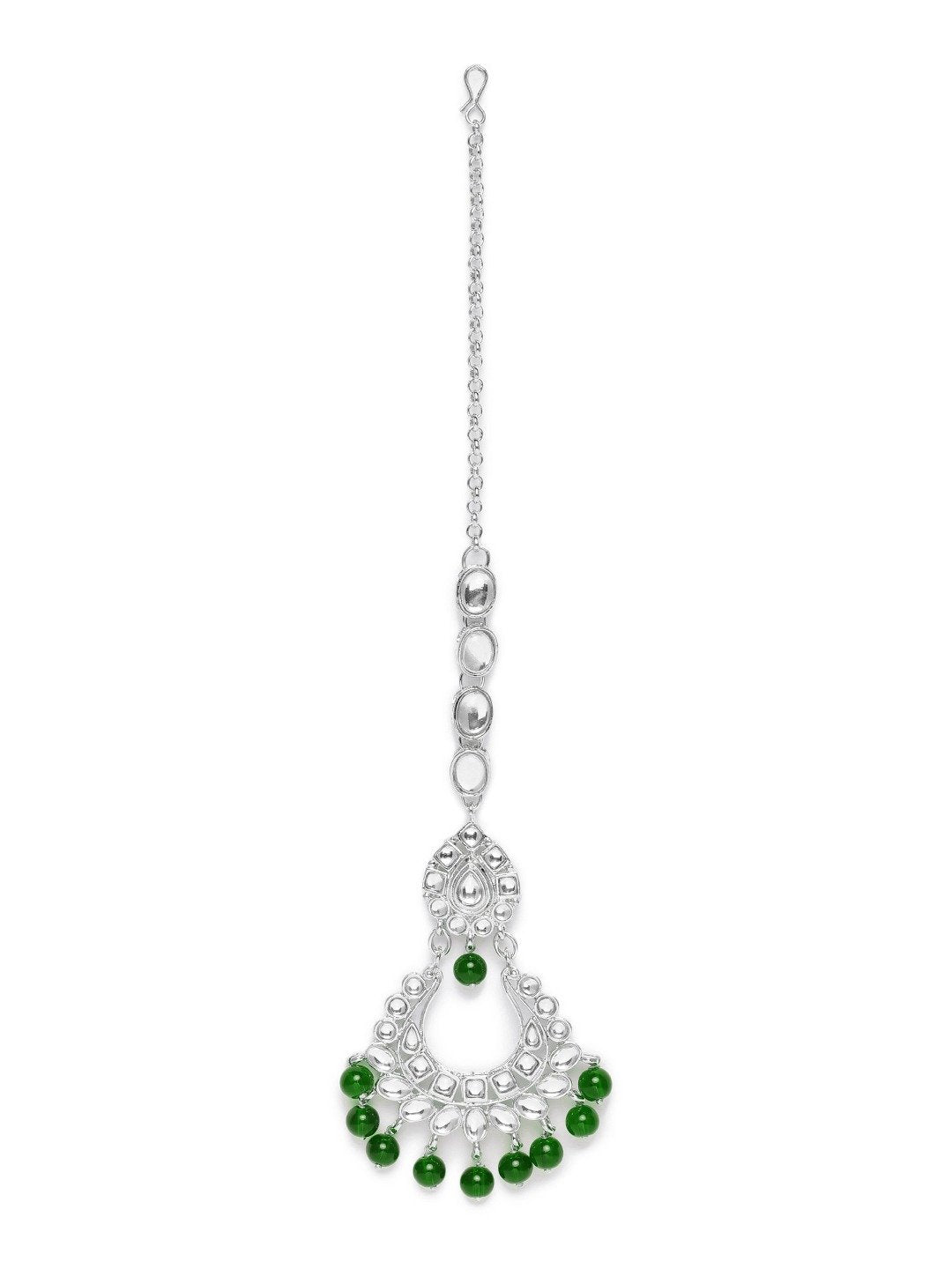 Women's Rhodium Plated Ethnic Green Kundan & Pearl Choker Necklace Set - i jewels