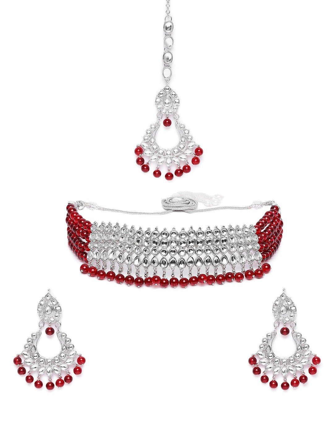 Women's Rhodium Plated Ethnic Maroon Kundan & Pearl Choker Necklace Set - i jewels