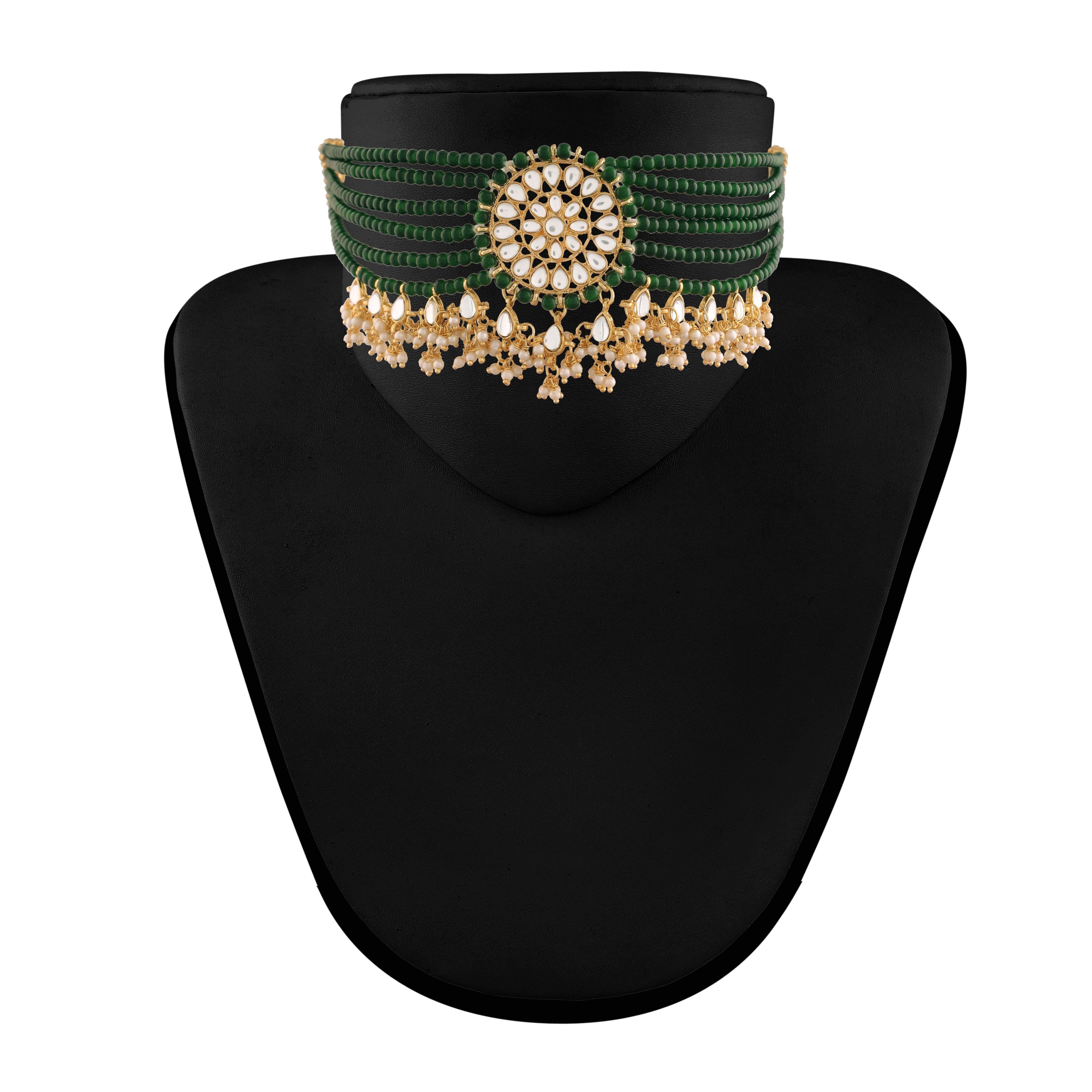 Women's Gold Plated Green Choker Set Glided With Kundan & Pearls - i jewels