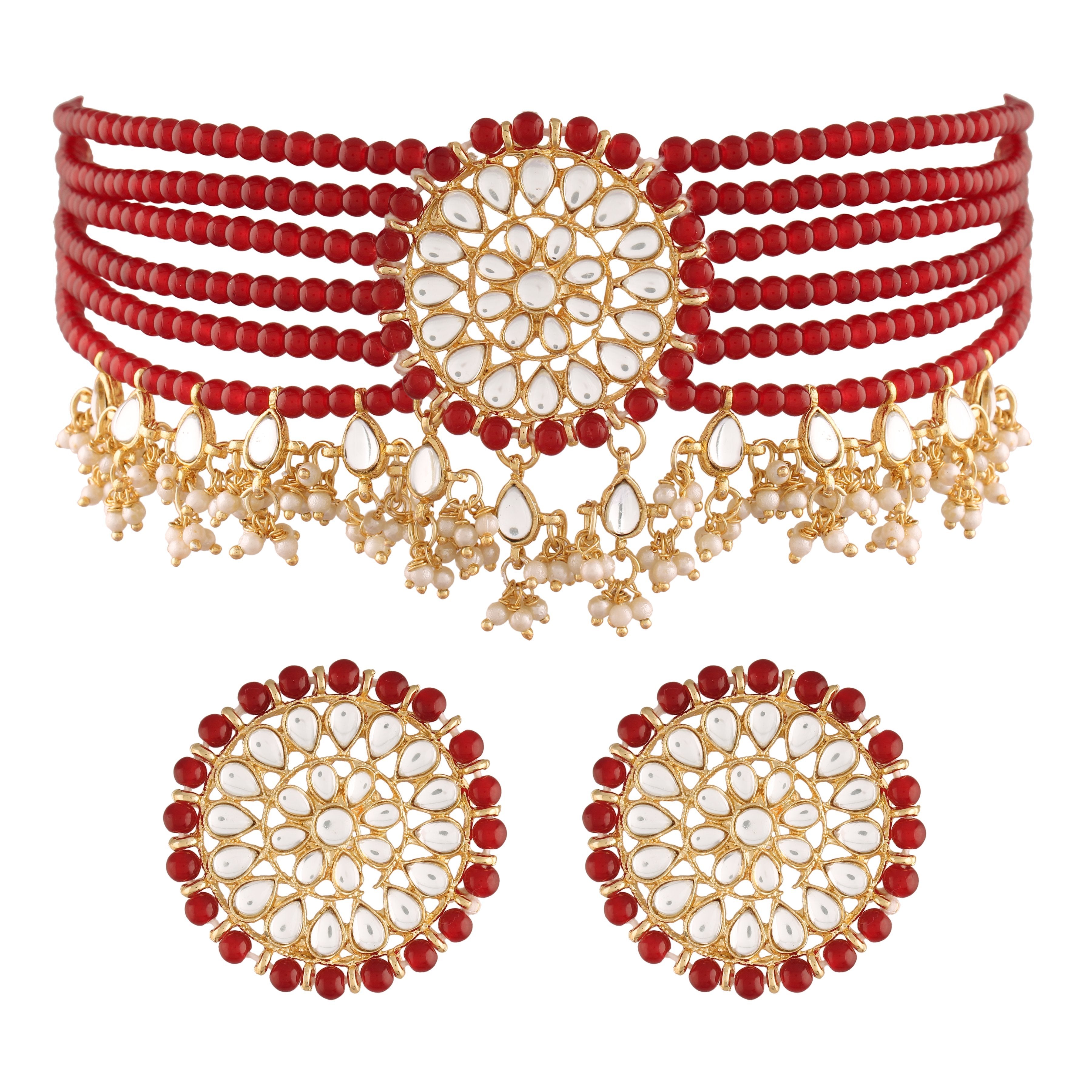 Women's Gold Plated Maroon Choker Set Glided With Kundan & Pearls - i jewels