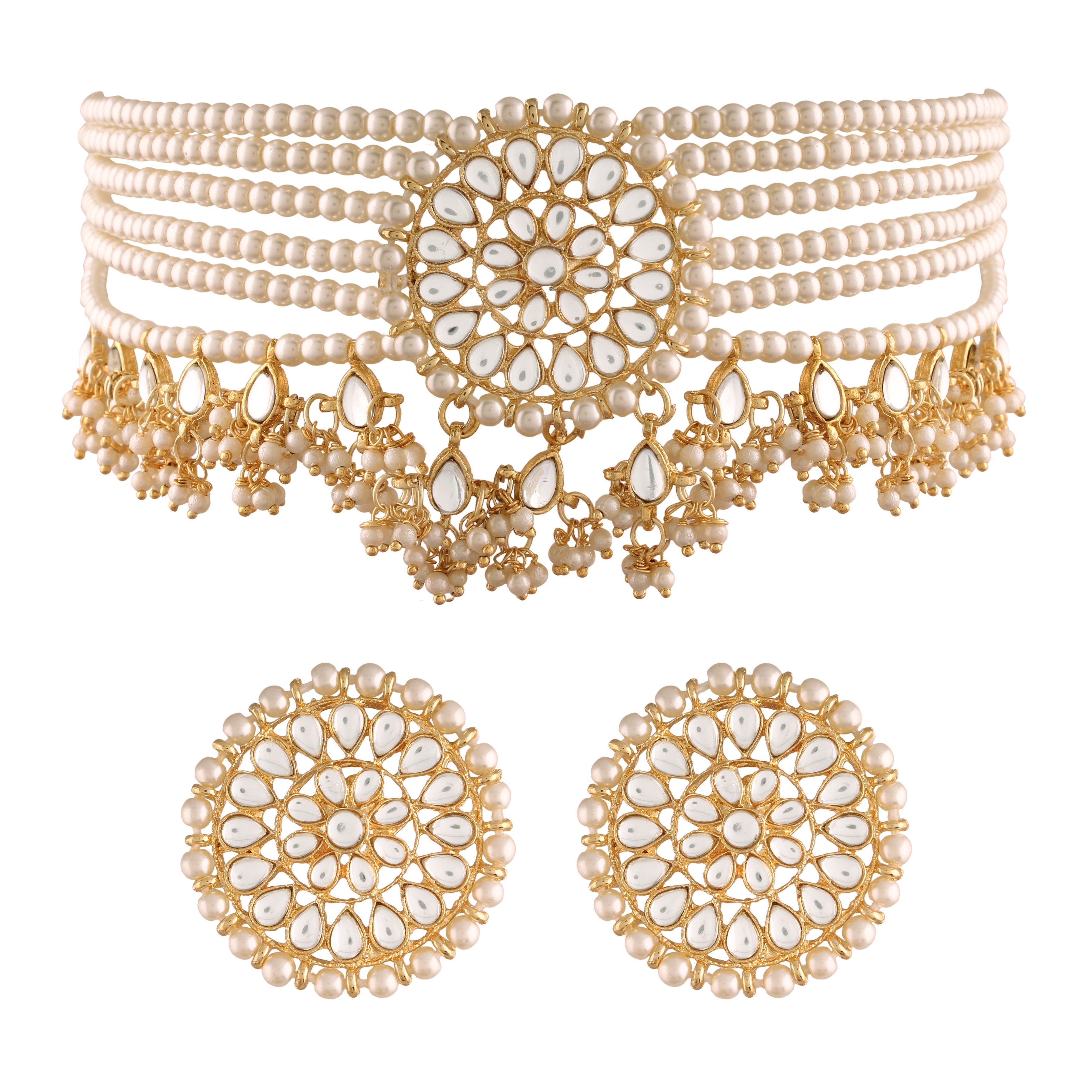 Women's Gold Plated White Choker Set Glided With Kundan & Pearls - i jewels